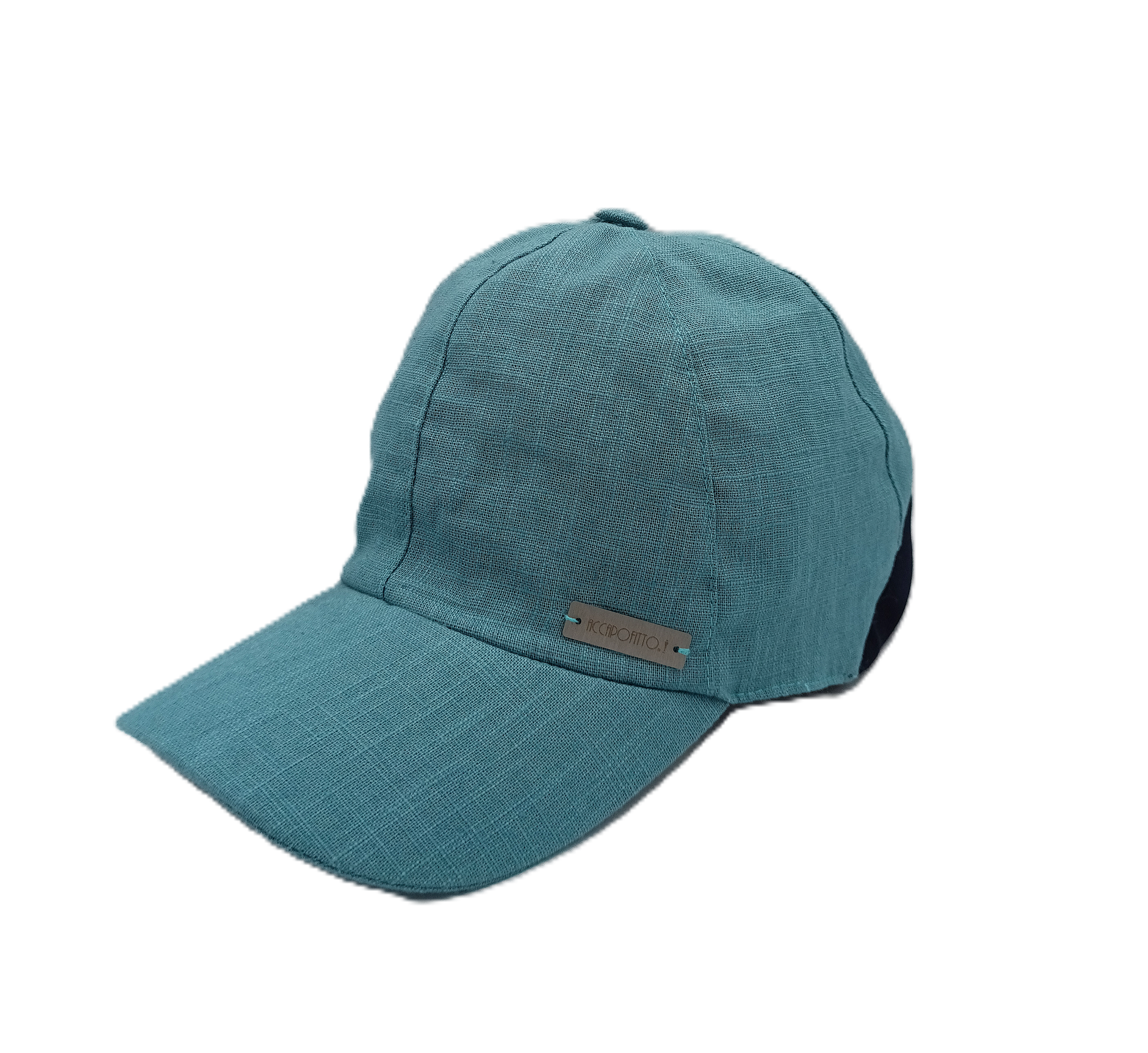 Cappello baseball lino color acqua del brand Accapofitto, con inserto in jersey elasticizzato blu sulla nuca