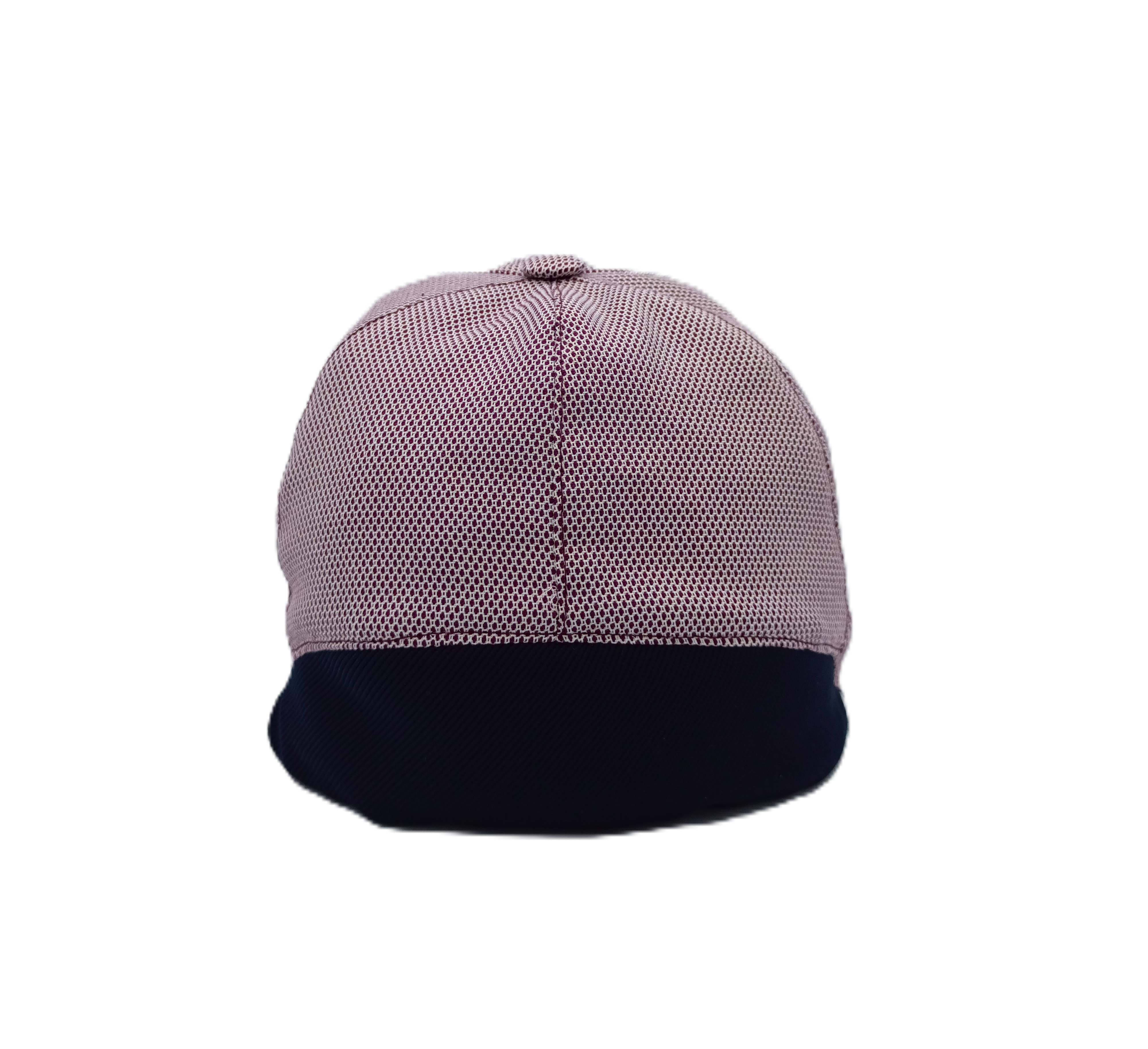 Cappello baseball Andy. Cotone misto seta, tessuto micro jacquard sui toni del rosso e del beige del brand Accapofitto, con inserto in jersey elasticizzato blu sulla nuca. Visione retro