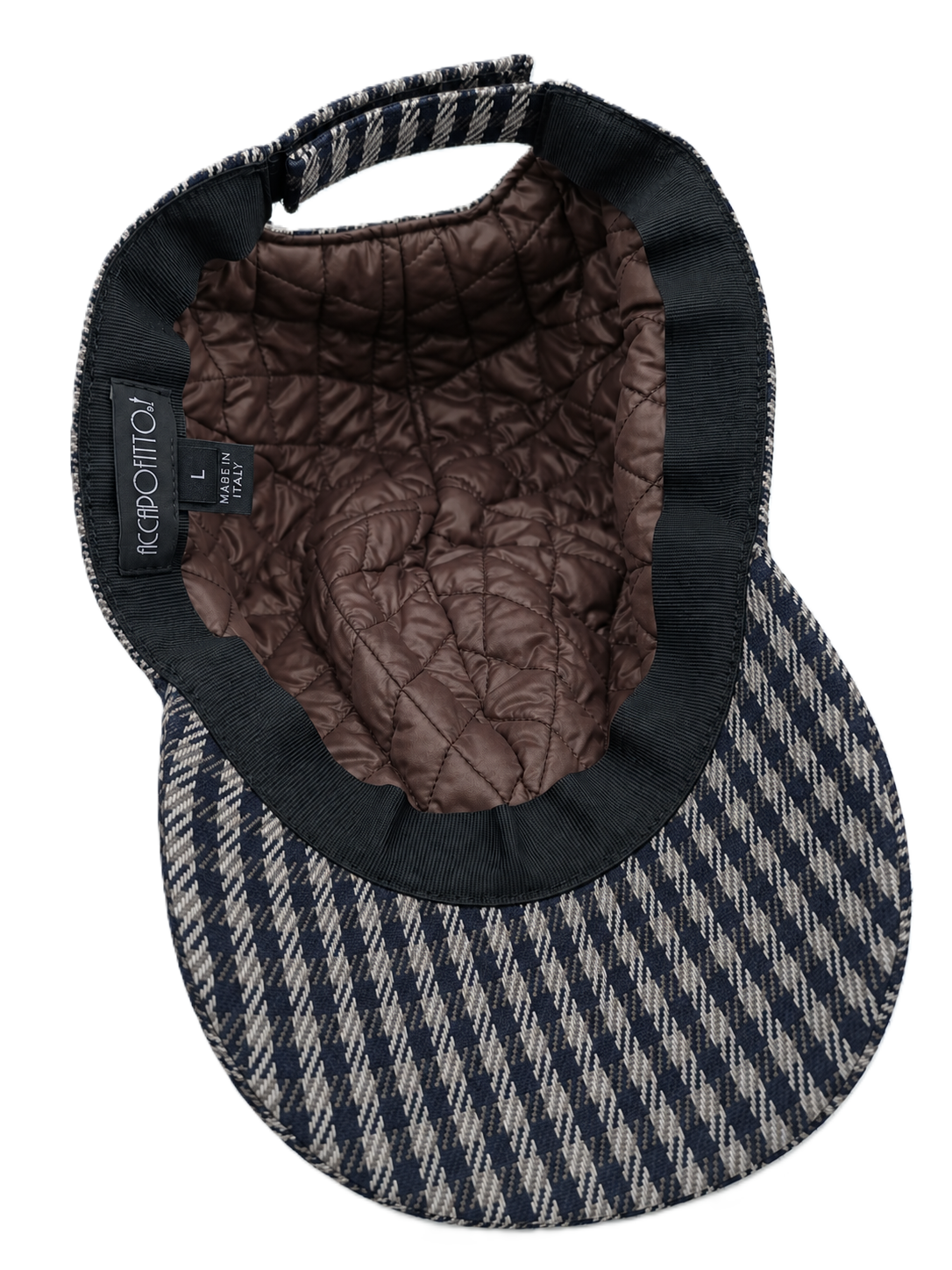 Cappello baseball a 6 spicchi Bry del brand Accapofitto, in tessuto a quadretti blu e grigio, visione del tessuto imbottito trapuntato marrone interno