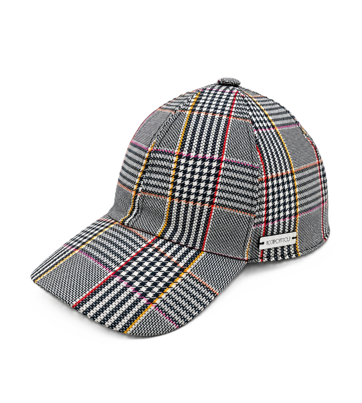 Cappello baseball Bry del brand Accapofitto, in tessuto fantasia Principe di Galles, con alcune righe sul rosso e sul giallo