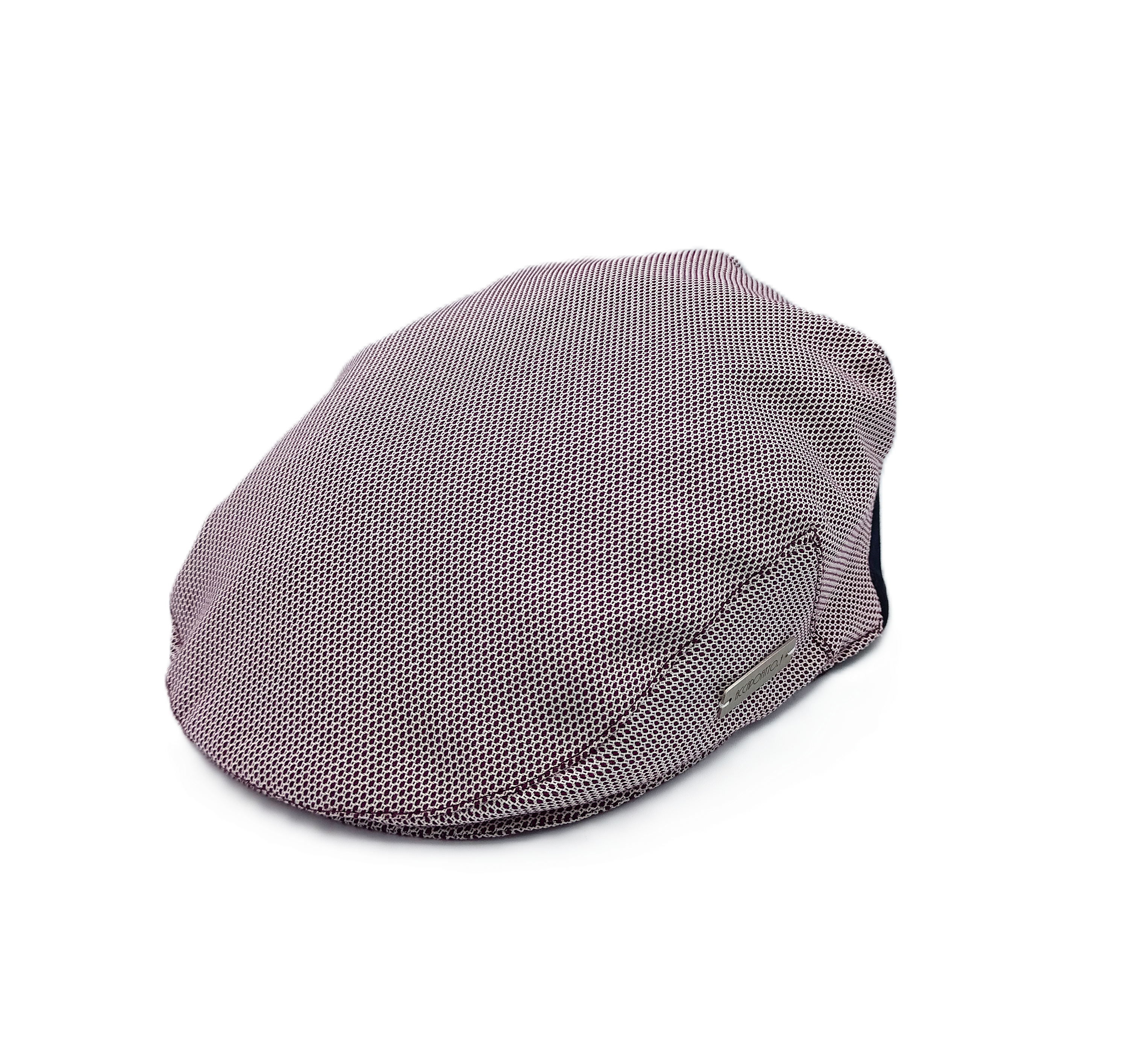 Coppola Eli del brand Accapofitto, unisex, tessuto micro jaquard con filo rosso e inserto di tessuto elasticizzato blu sulla nuca