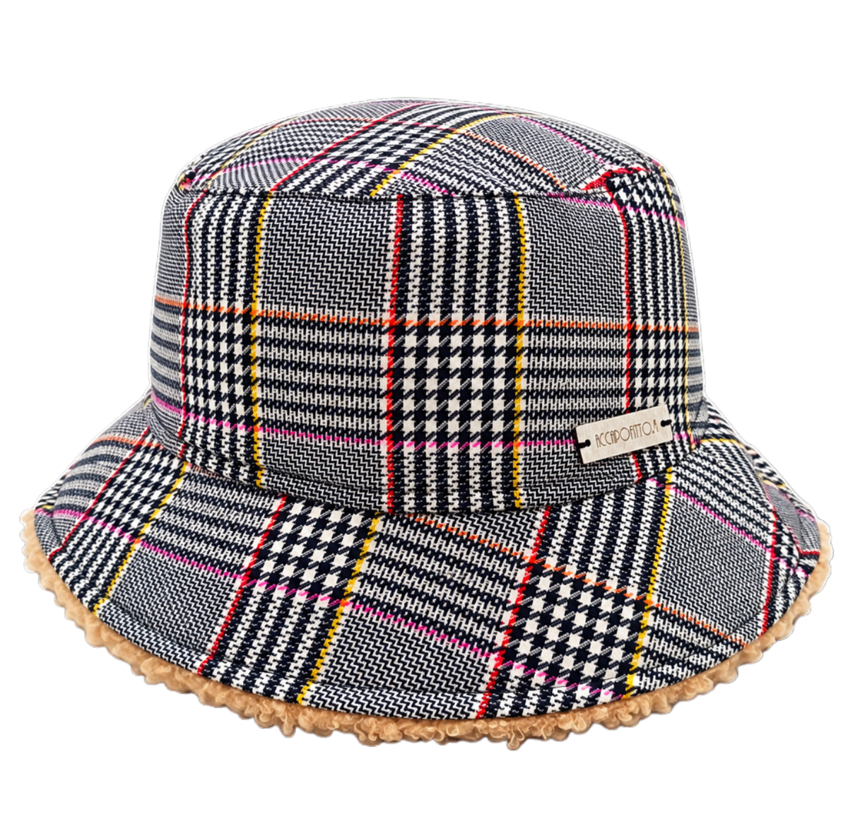 Cappello Mabel del brand Accapofitto. Bucket hat in fantasia principe di Galles multicolor su base grigia e interno in tessuto teddy color beige
