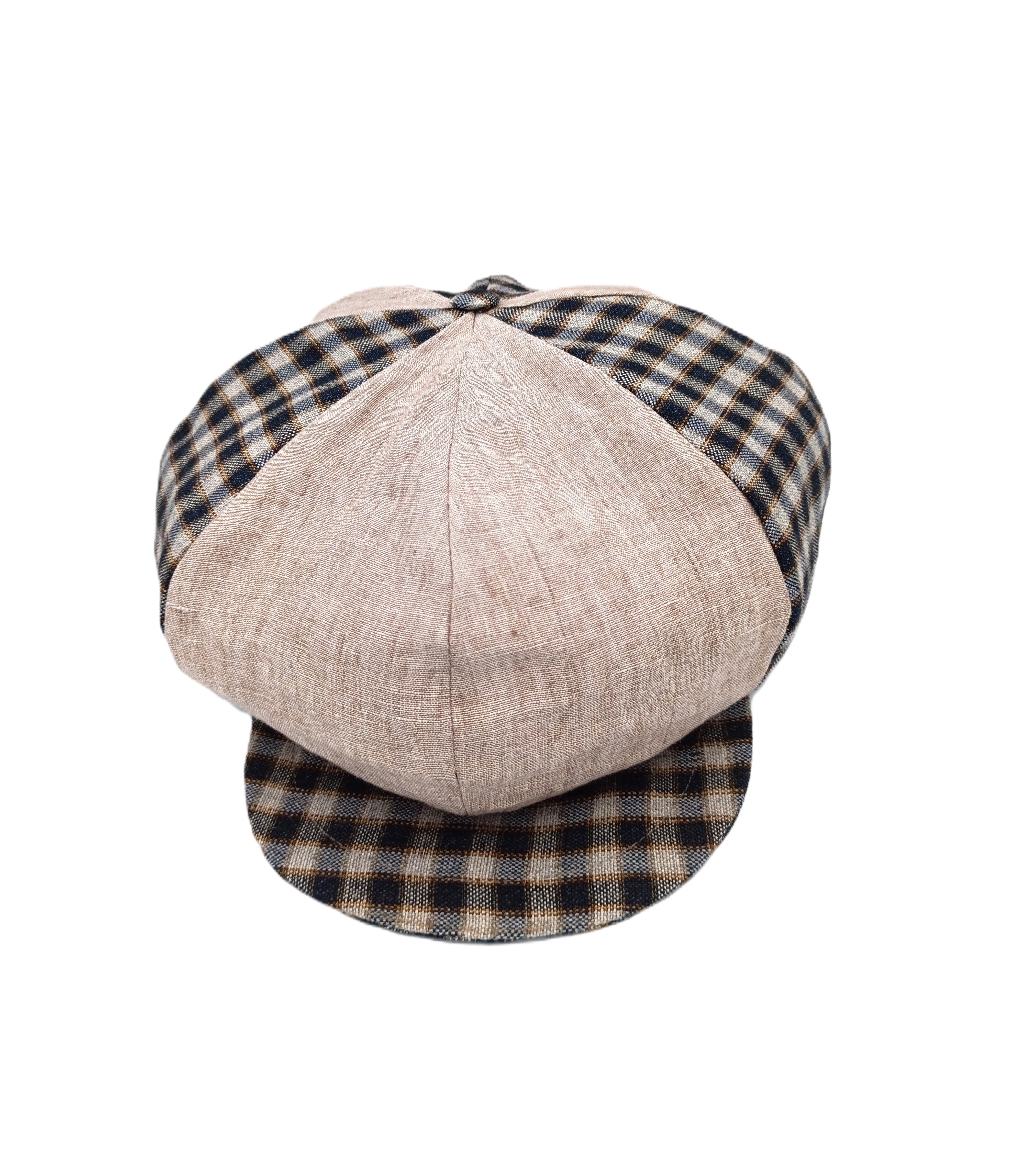 Oliver, coppola unisex a otto spicchi con pannelli alternati lino beige e quadretti blu. Brand Accapofitto, visione frontale
