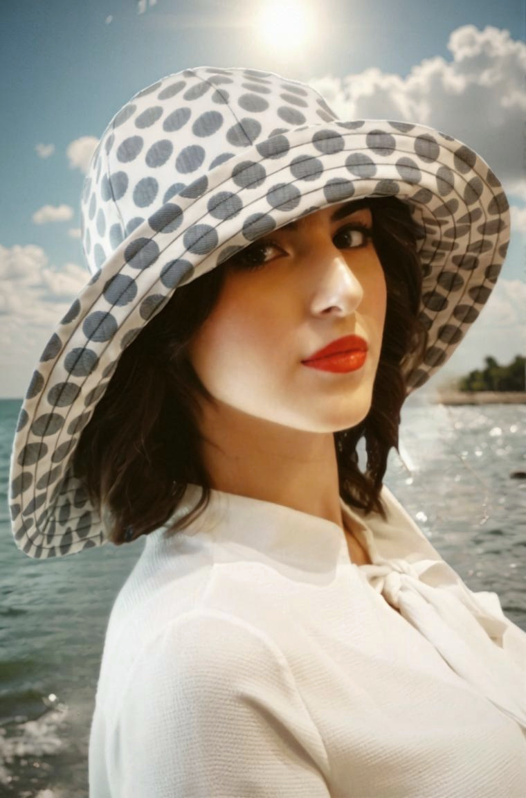 Cappello bucket hat di cotone beige a pois grandi neri del brand Accapofitto, con tesa molto ampia, indossato dalla modella