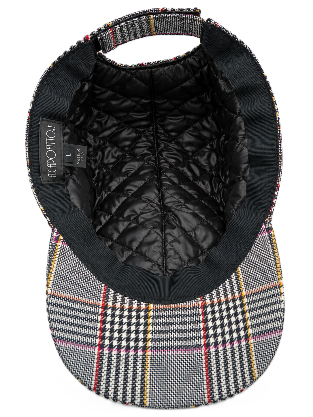 Cappello baseball Bry del brand Accapofitto, in tessuto fantasia Principe di Galles, con alcune righe sul rosso e sul giallo, visione del tessuto interno, imbottito e trapuntato, nero