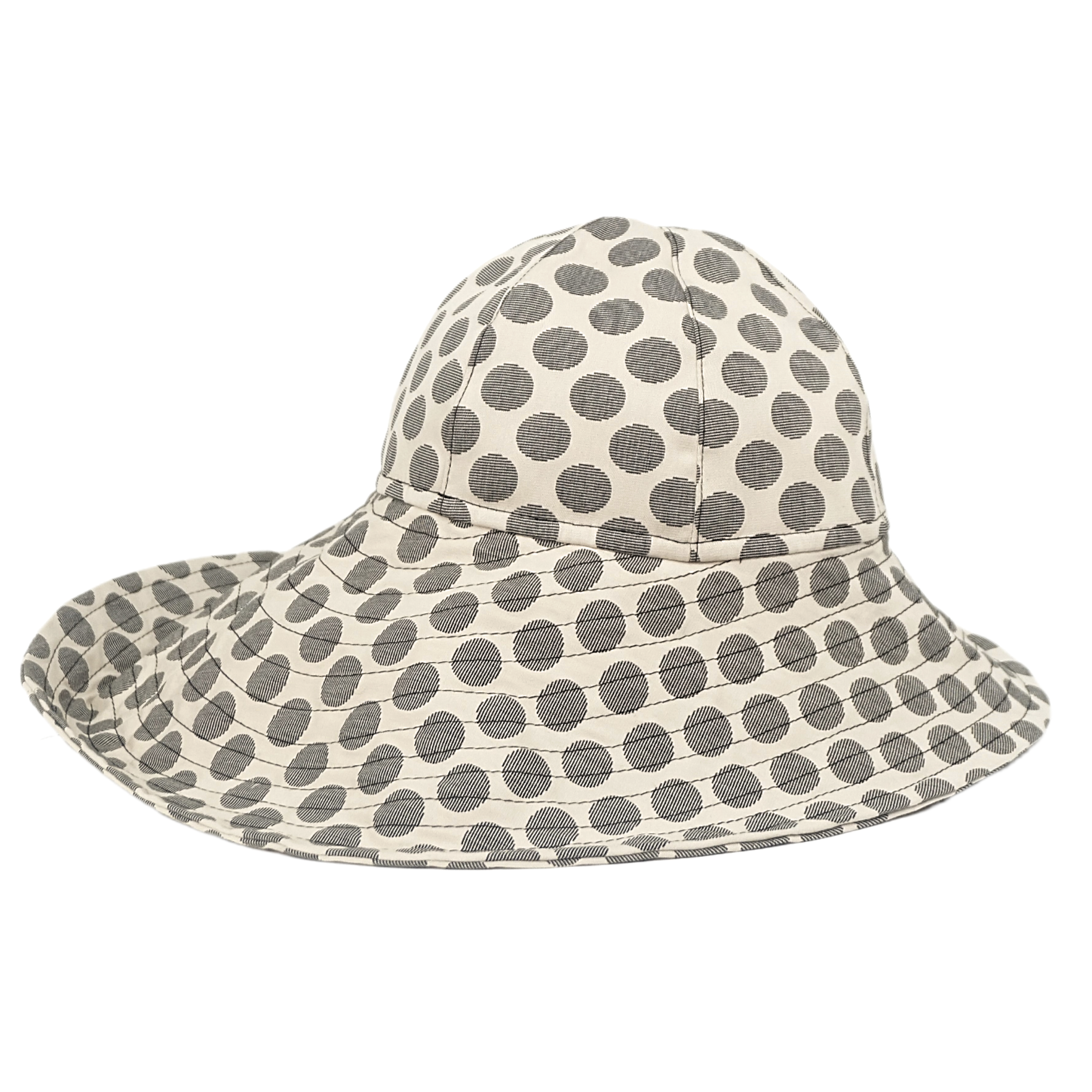 Cappello bucket hat di cotone beige a pois grandi neri del brand Accapofitto, con tesa molto ampia, visione del retro