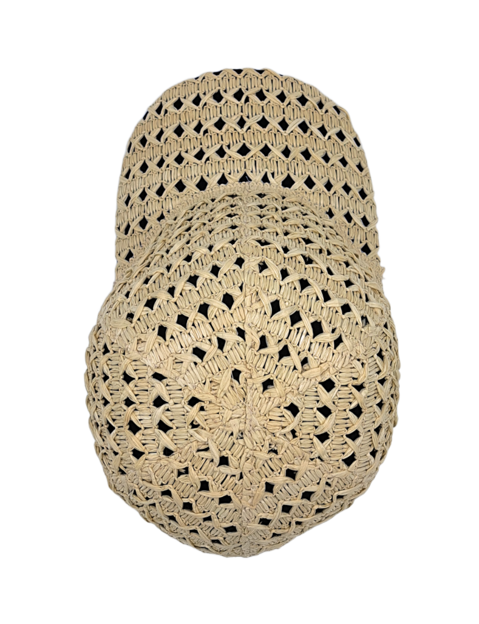 Cappello baseball collezione GoldenHay del brand Accapofitto in rafia di viscosa intrecciata con rivestimento interno di cotone blu, visione dall'alto