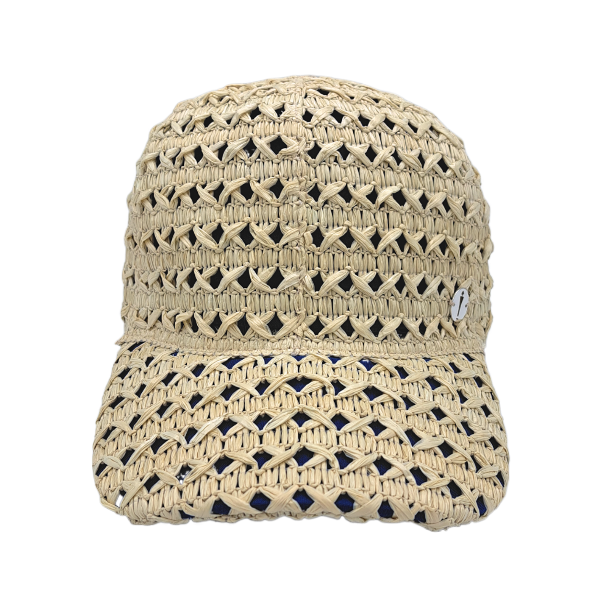 Cappello baseball collezione GoldenHay del brand Accapofitto in rafia di viscosa intrecciata con rivestimento interno di cotone blu, visione frontale