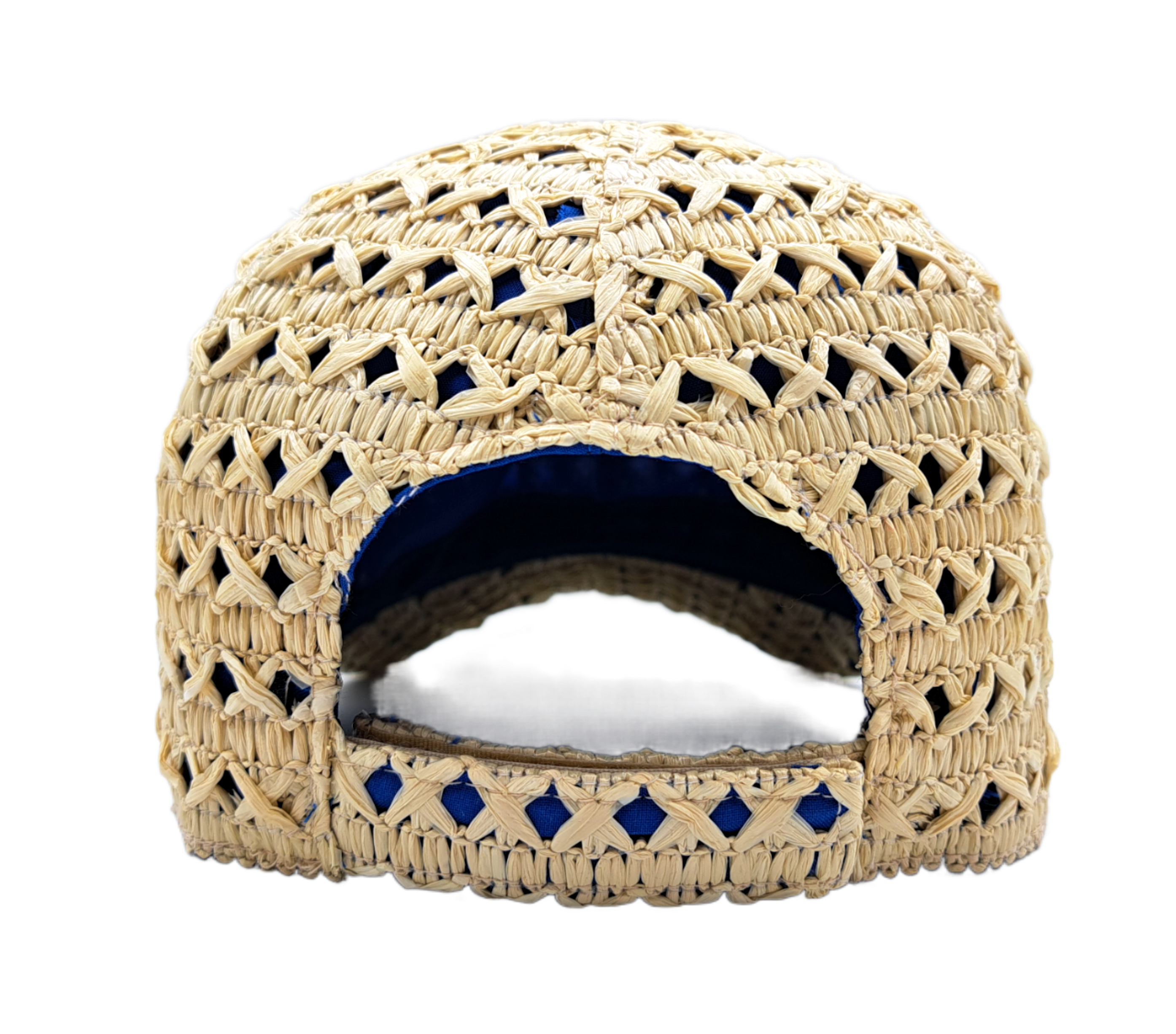 Cappello baseball collezione GoldenHay del brand Accapofitto in rafia di viscosa intrecciata con rivestimento interno di cotone blu, visione posteriore