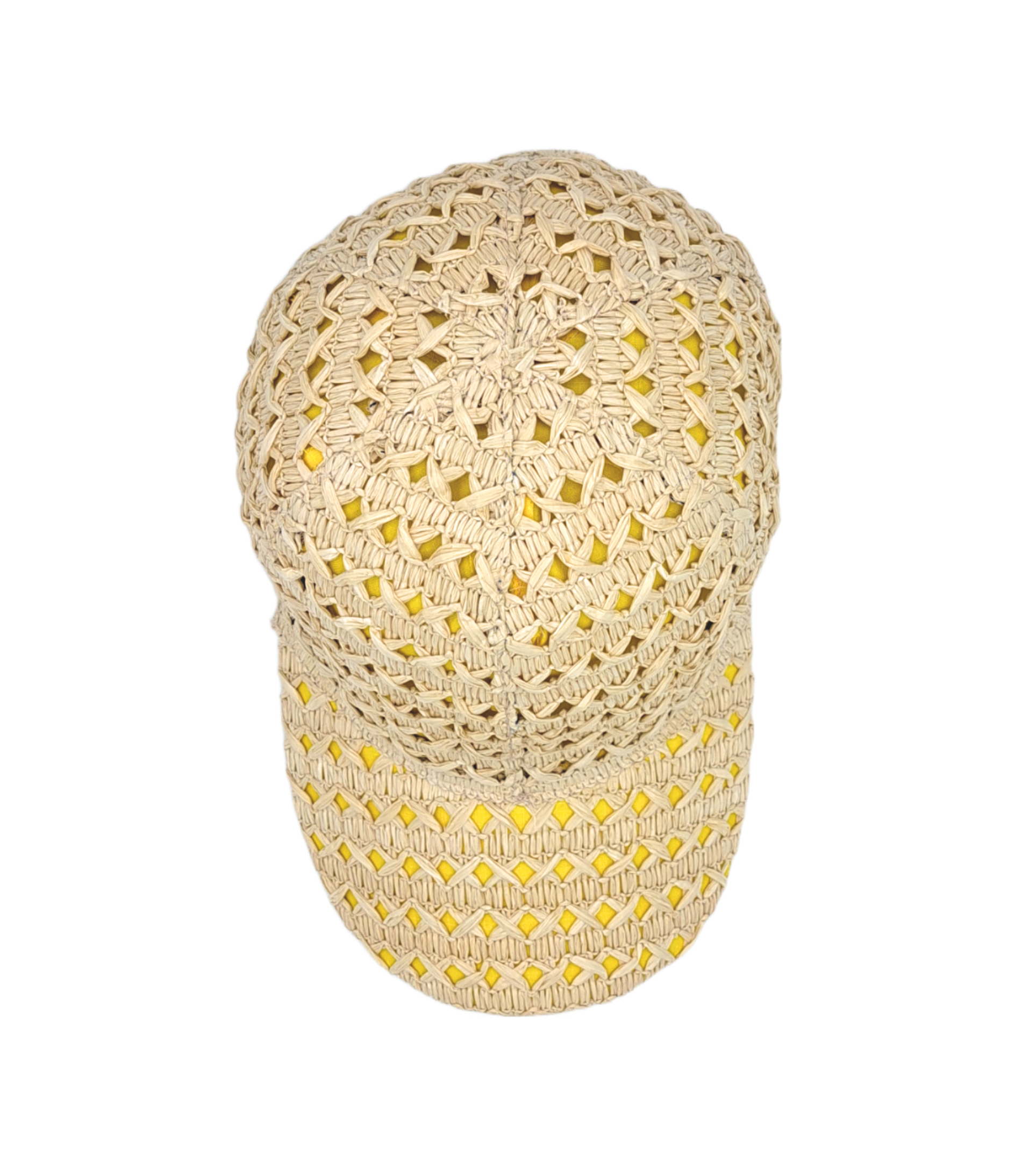 Cappello baseball collezione GoldenHay del brand Accapofitto in rafia di viscosa intrecciata con rivestimento interno di cotone giallo, visione dall'alto.