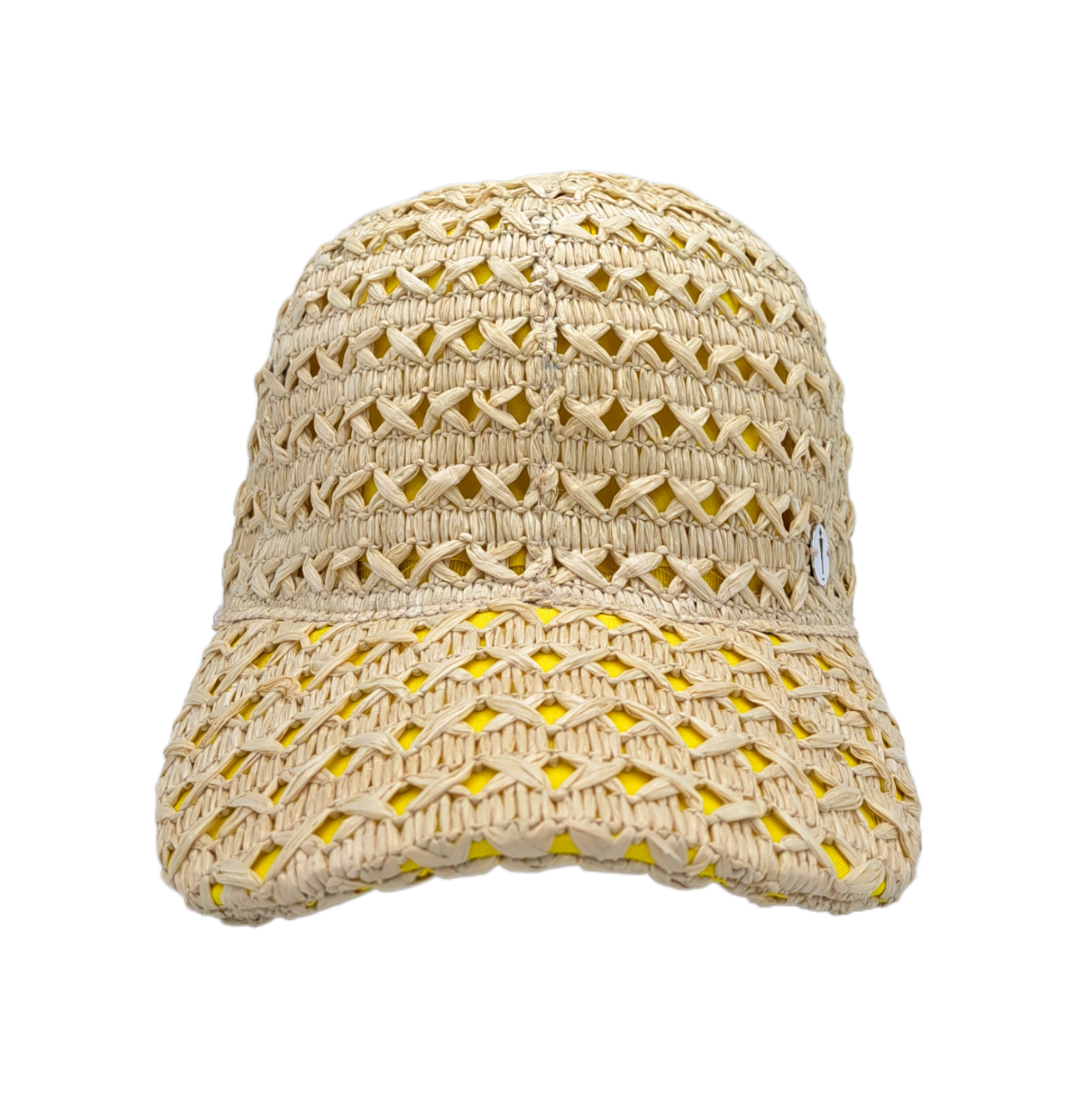 Cappello baseball collezione GoldenHay del brand Accapofitto in rafia di viscosa intrecciata con rivestimento interno di cotone giallo, visione frontale