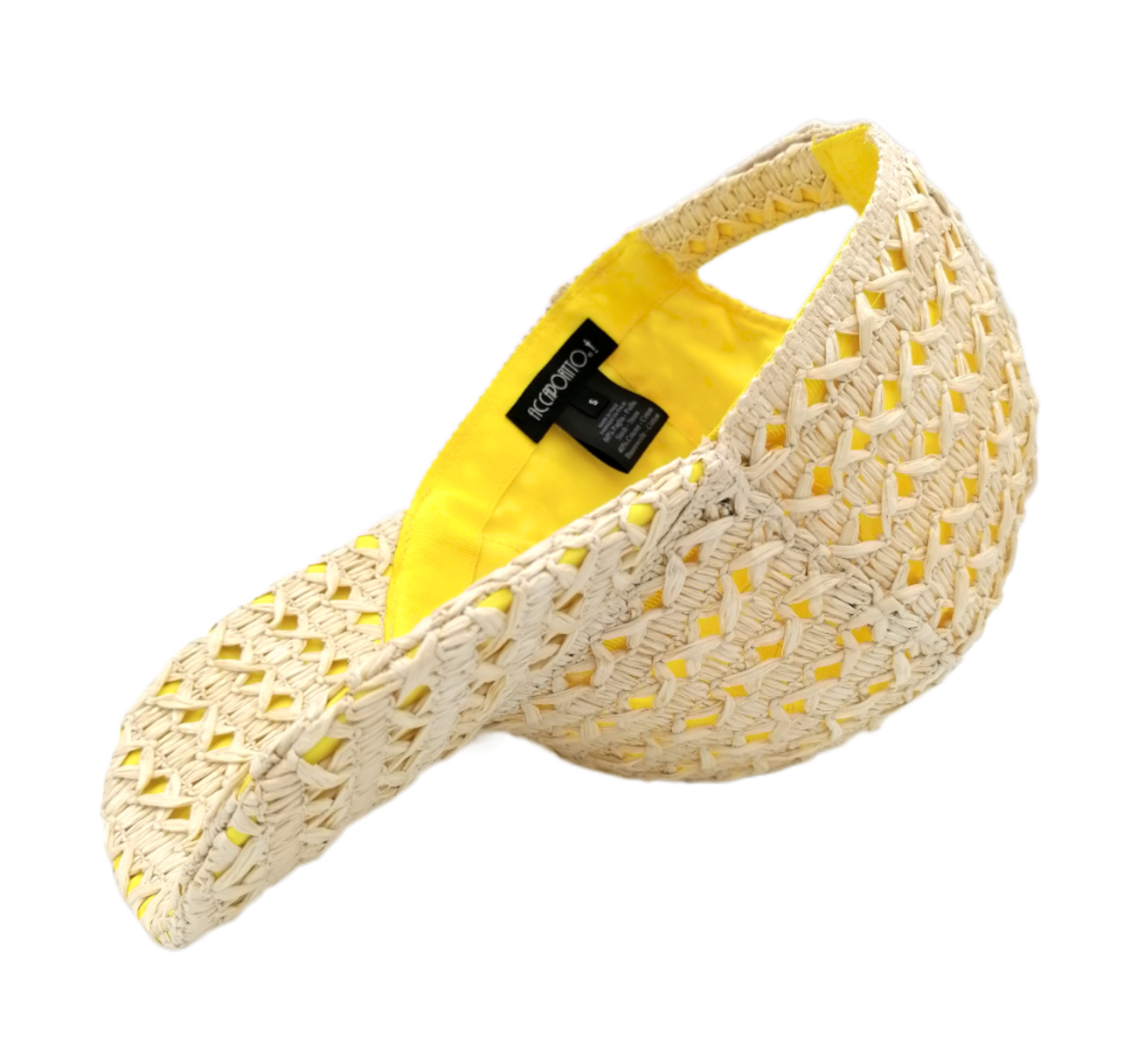 Cappello baseball collezione GoldenHay del brand Accapofitto in rafia di viscosa intrecciata con rivestimento interno di cotone giallo, visione dell'interno