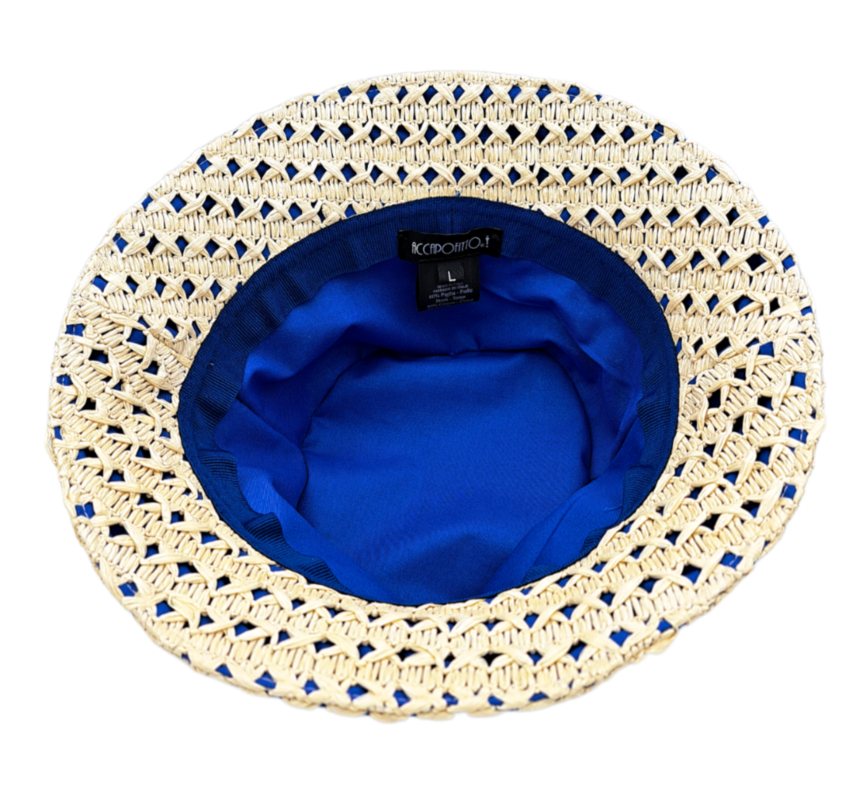 Cappello cloche collezione GoldenHay del brand Accapofitto in rafia di viscosa intrecciata con rivestimento interno di cotone blu, visione dell'interno