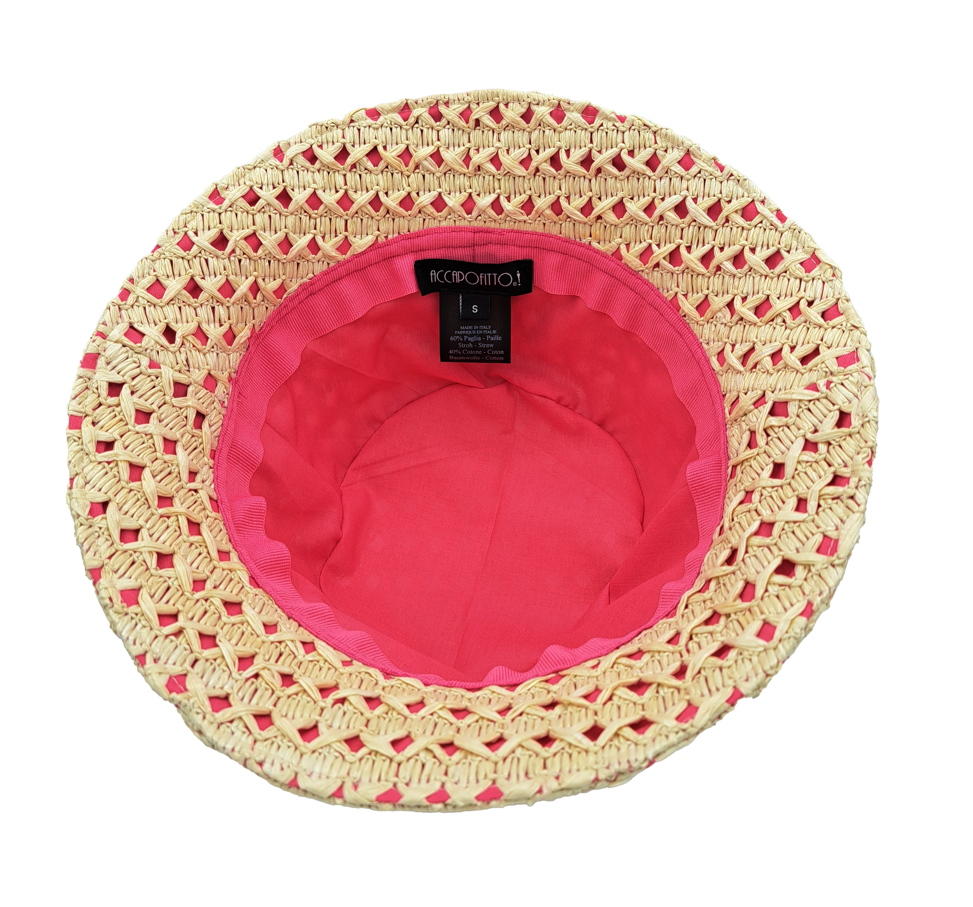 Cappello cloche collezione GoldenHay del brand Accapofitto in rafia di viscosa intrecciata con rivestimento interno di cotone rosa, visione dell'interno