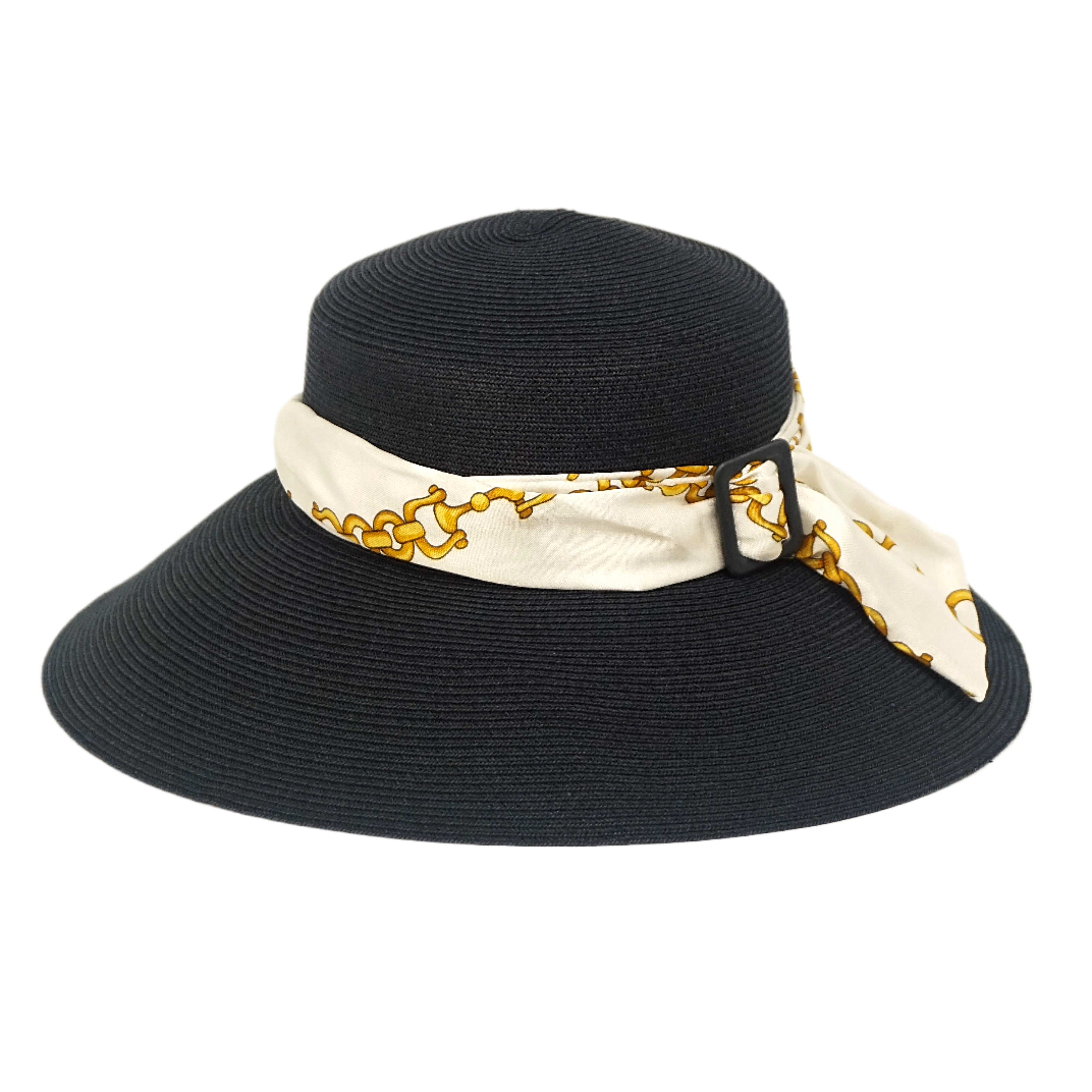 Cappello elegante di carta colore blu, decorato con foulard bianco e disegni oro, con fibbia blu