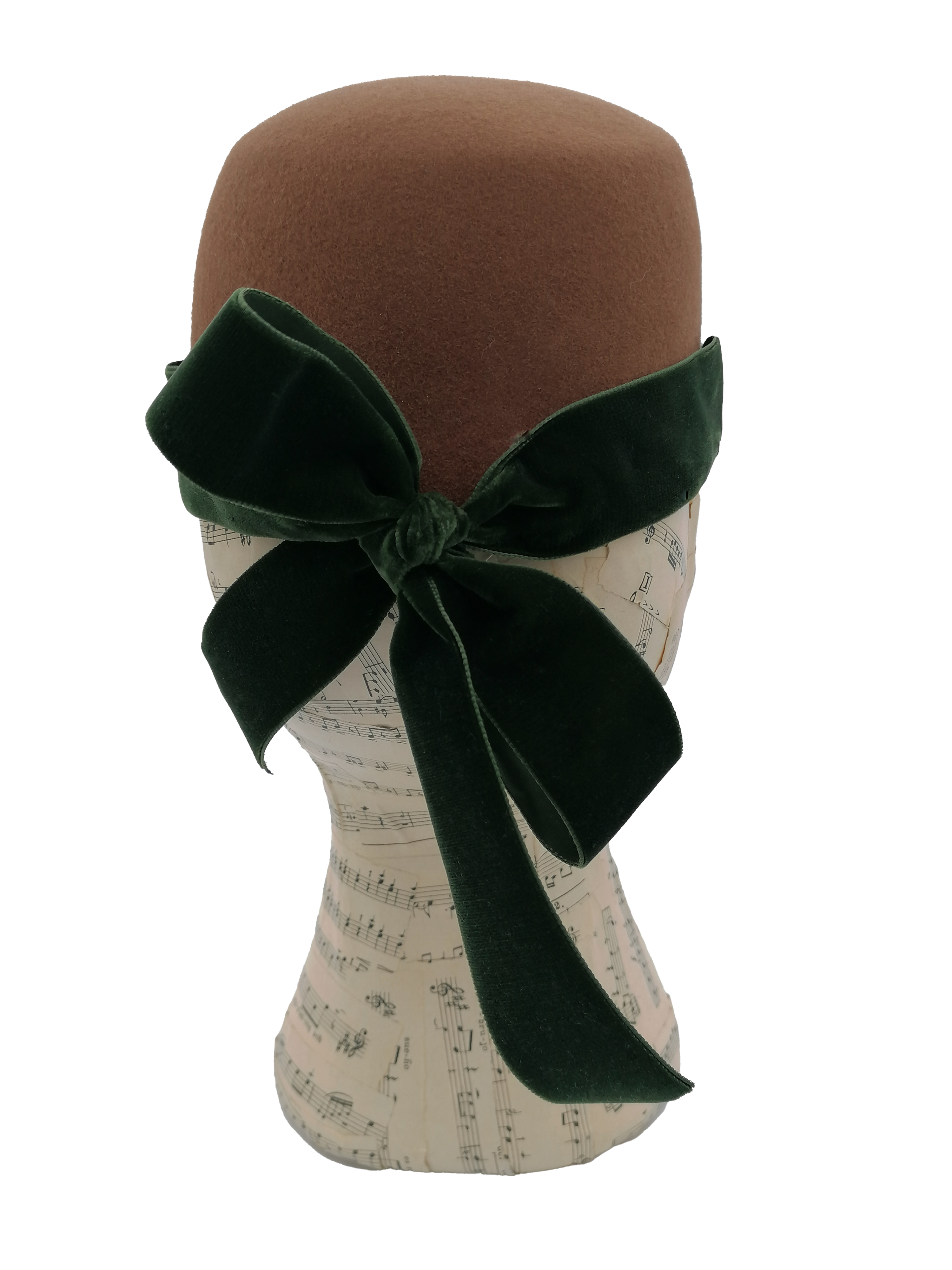 cappello donna modello baseball feltro marrone, tesa tessuto di lana fantasia, nastro velluto verde, retro