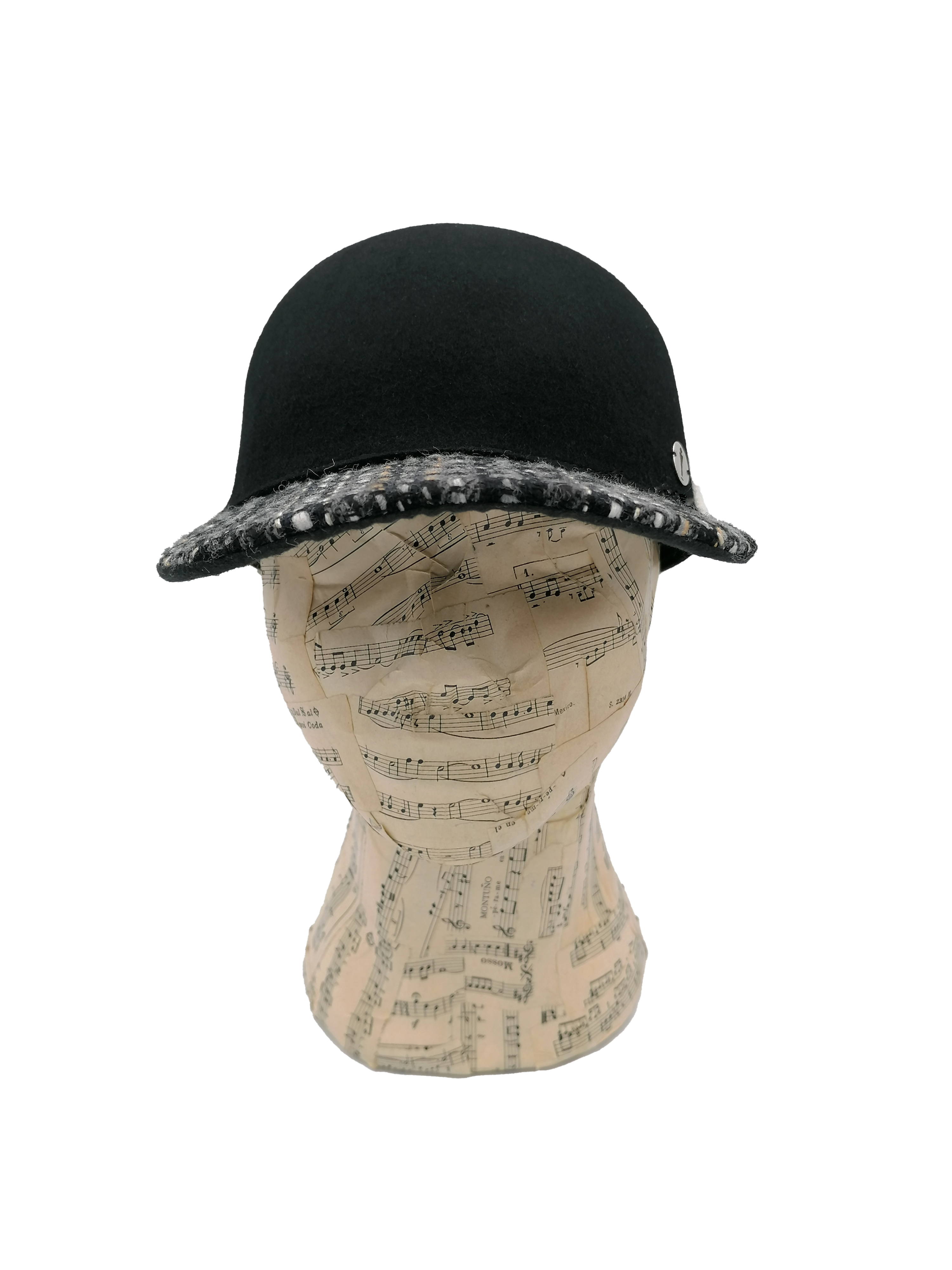 cappello donna modello baseball feltro nero, tesa tessuto di lana fantasia, nastro velluto bianco, fronte
