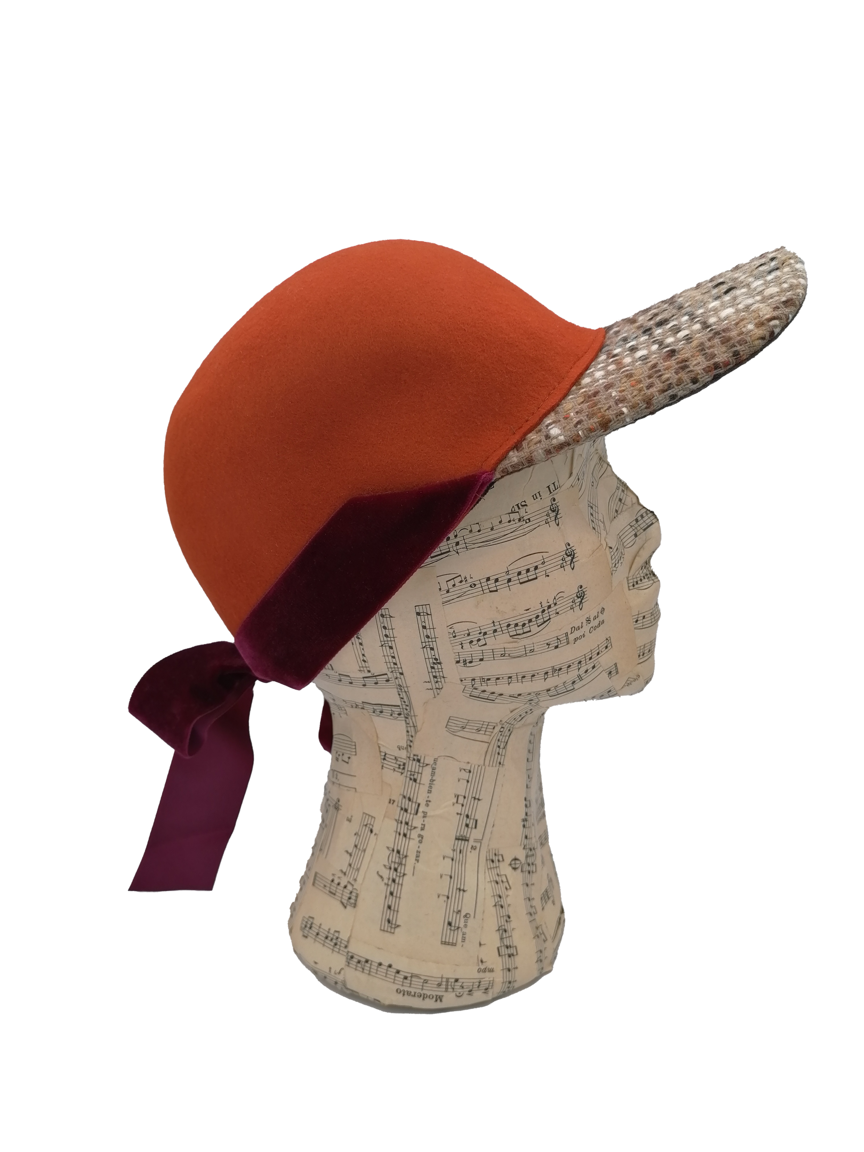cappello donna modello baseball feltro arancione, tesa tessuto di lana fantasia, nastro velluto viola , lato destro