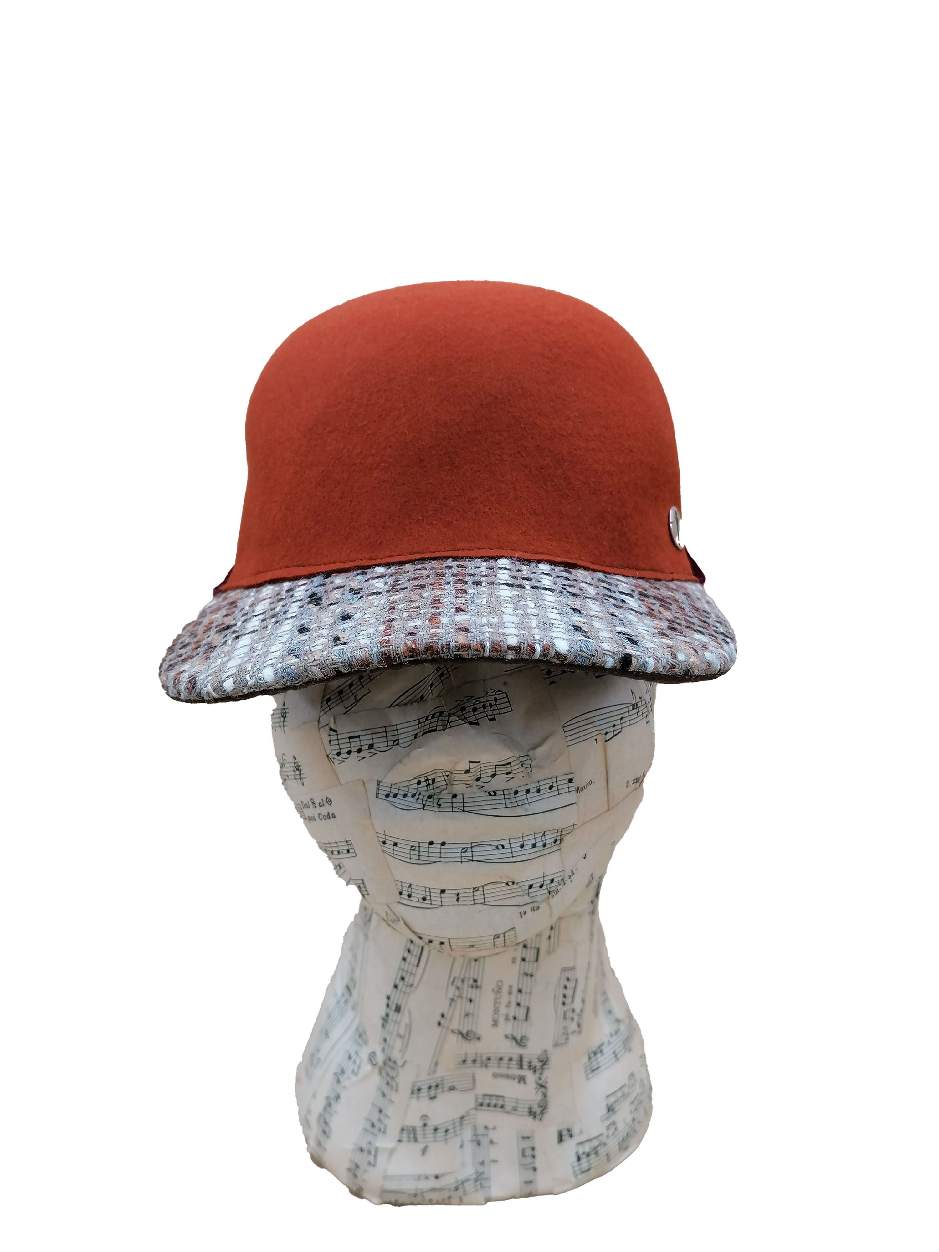 cappello donna modello baseball feltro arancione, tesa tessuto di lana fantasia, nastro velluto viola , fronte