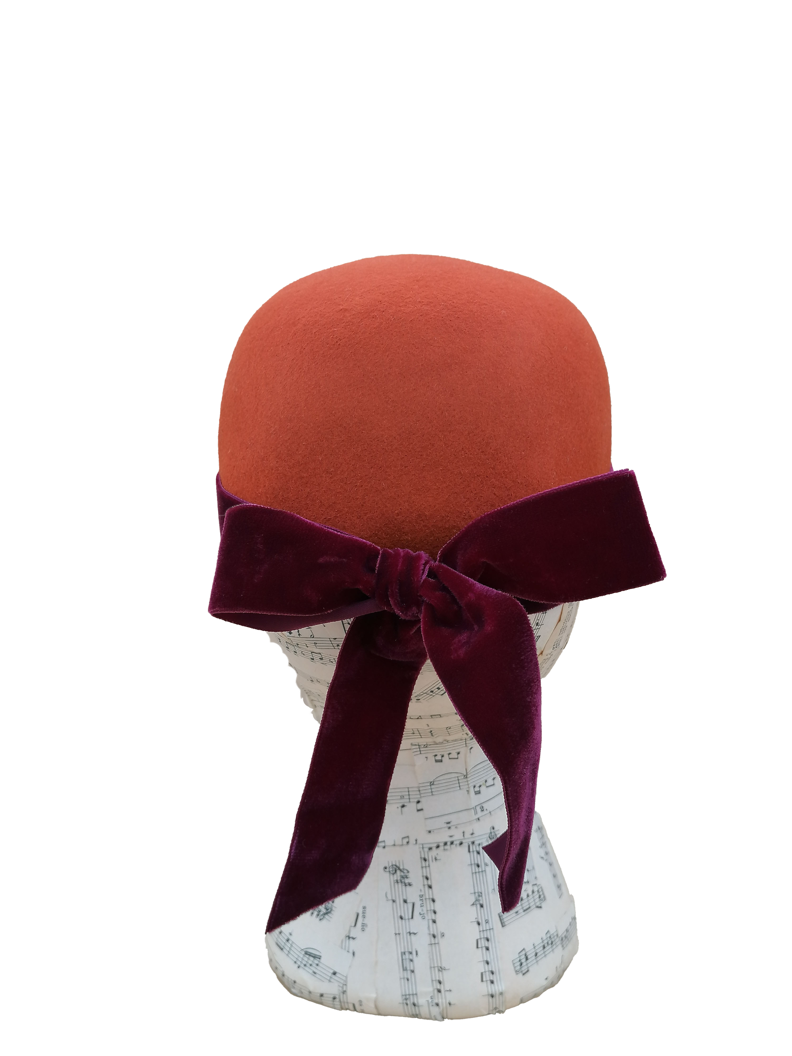 cappello donna modello baseball feltro arancione, tesa tessuto di lana fantasia, nastro velluto viola , retro