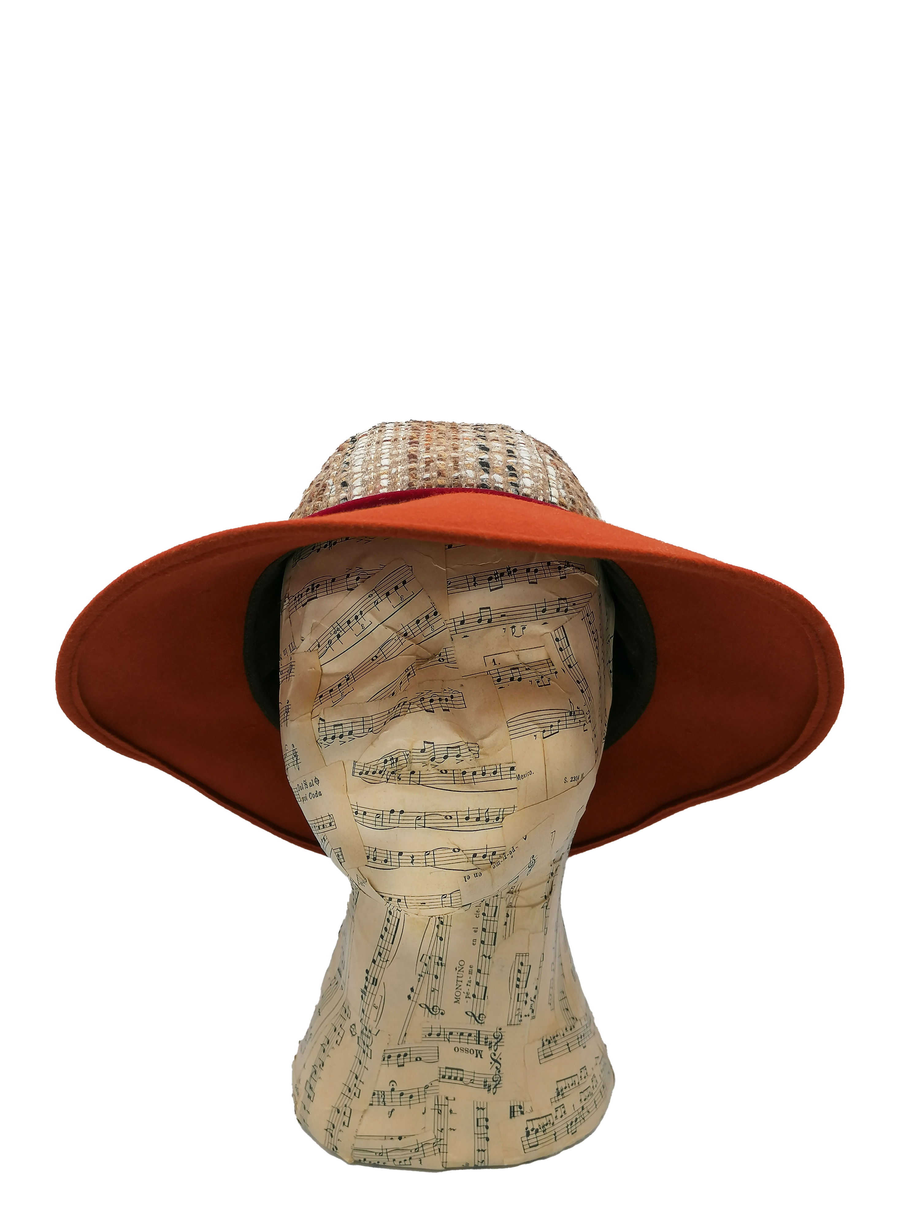 Cappello a cloche donna, tesa in feltro arancione, capino in tessuto di lana fantasia e nastro di velluto viola, fronte
