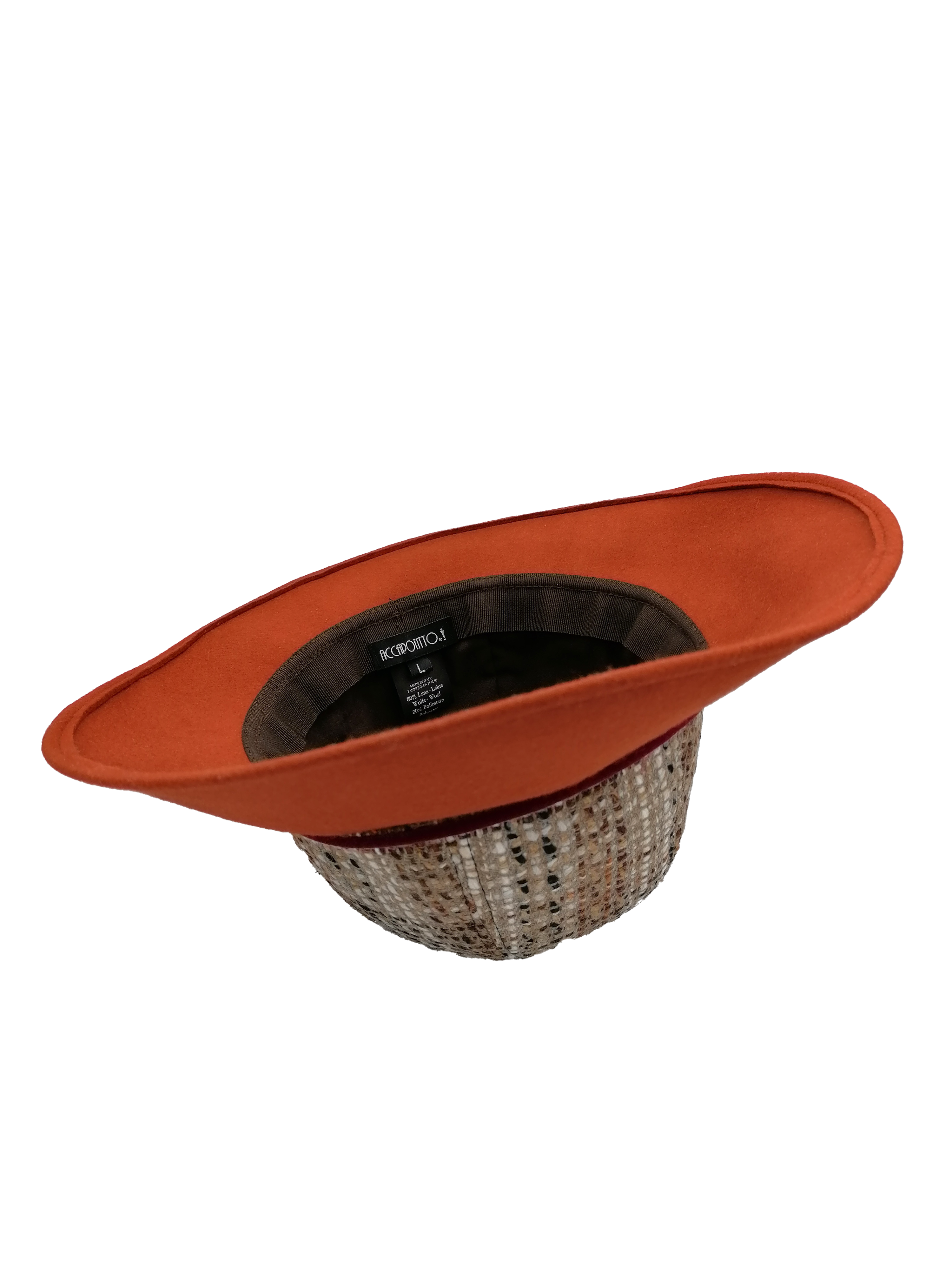 Cappello a cloche donna, tesa in feltro arancione, capino in tessuto di lana fantasia e nastro di velluto viola, interno