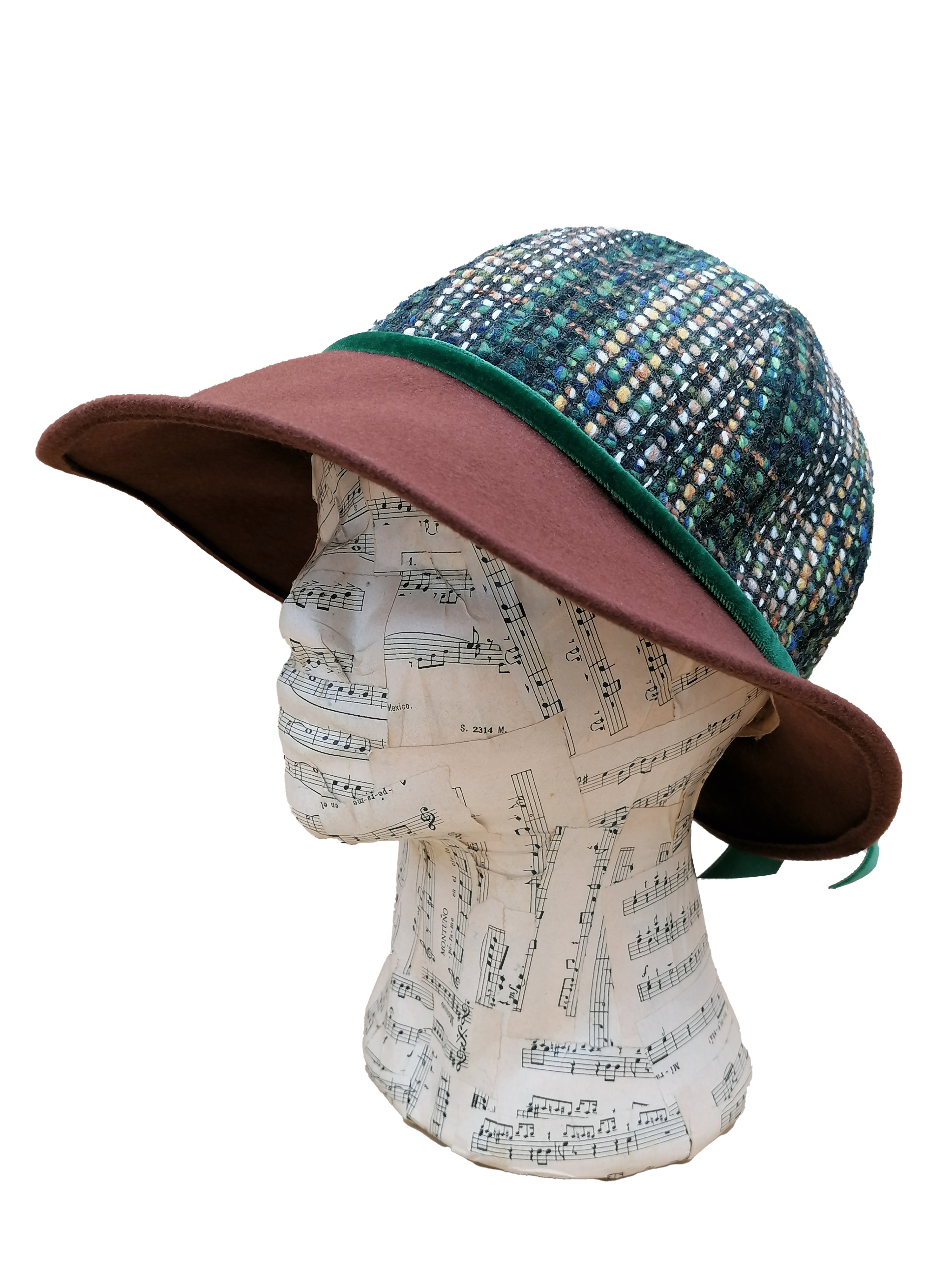 cappello cloche donna, tesa feltro marrone, capino tessuto di lana fantasia, nastro di velluto verde