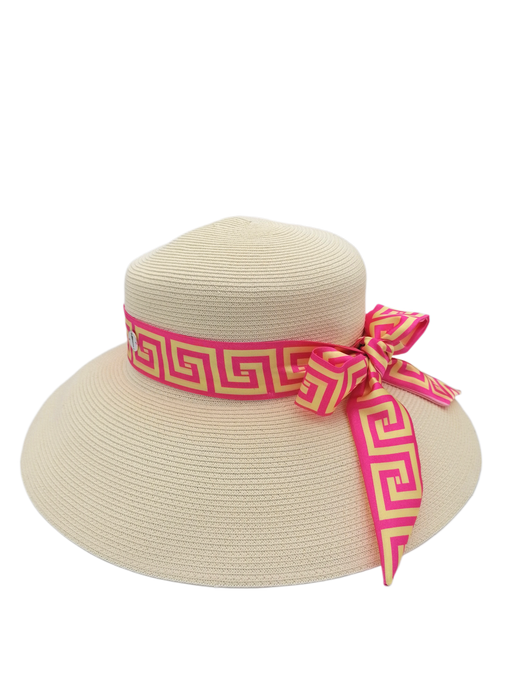 Cappello di carta color panna del brand Accapofitto, decorato con un nastro di viscosa con fantasia rosa e gialla.