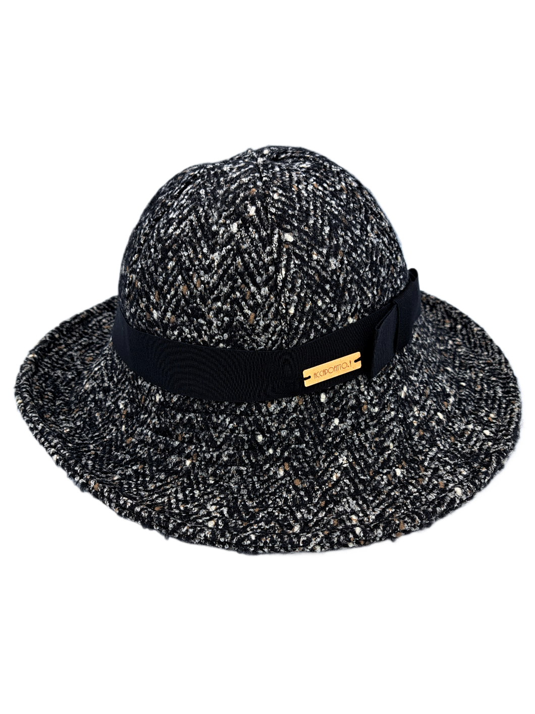 Cappello a cloche da donna firmato Accapofitto in tweed di lana con nastro in gros grain nero e fiocco