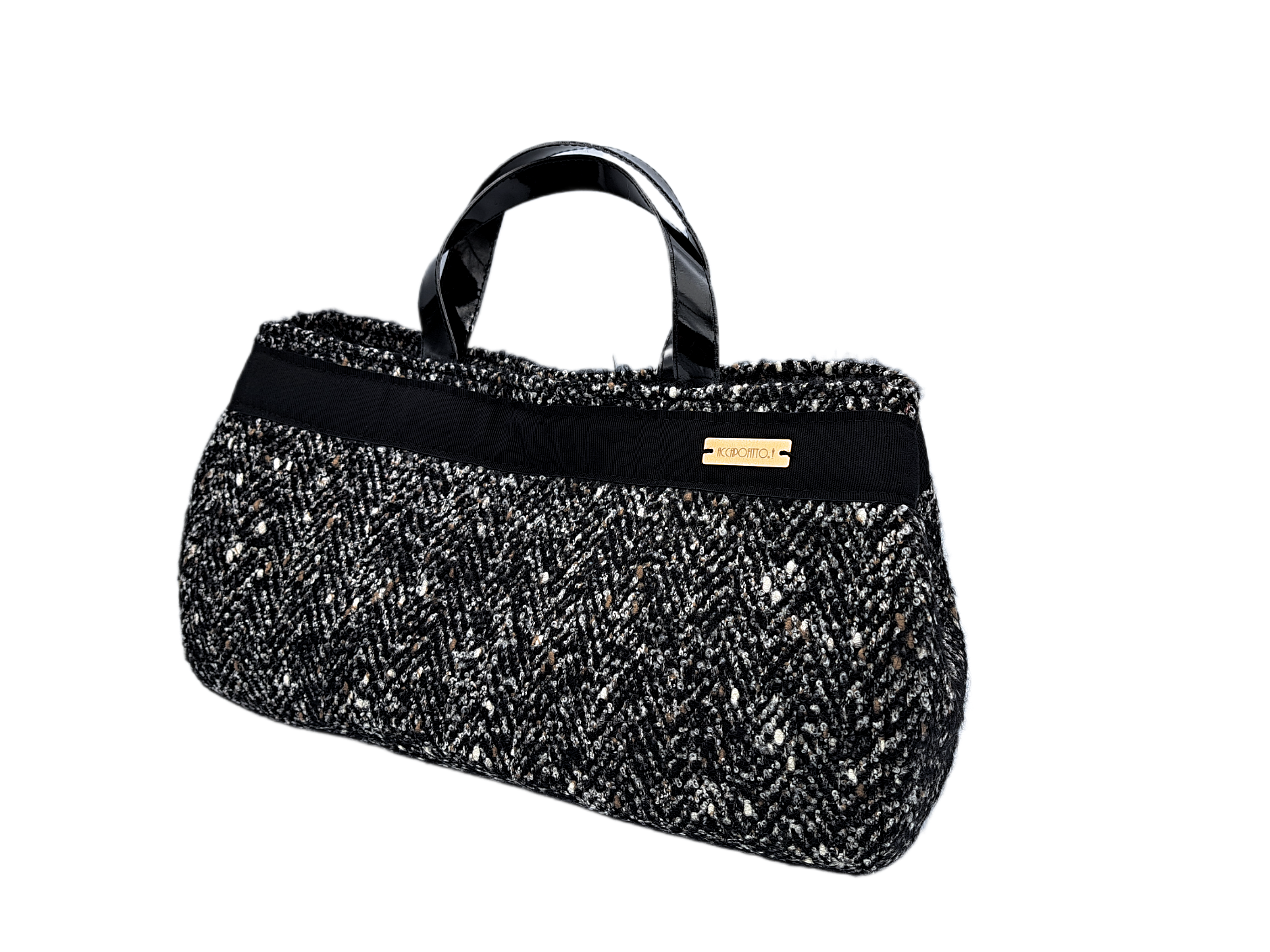 Borsetta Tweedy firmata Accapofitto, in tessuto tweed di lana con nastro nero di gros grain e manici in similpelle lucida