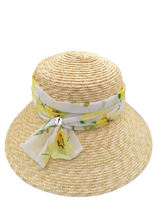 Carica l&#39;immagine nel visualizzatore di Gallery, Cappello di paglia Audry modello a pagoda del brand Accapofitto, con fascia color bianco/giallo
