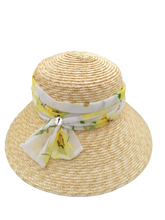 Load image into Gallery viewer, Cappello di paglia Audry modello a pagoda del brand Accapofitto, con fascia color bianco/giallo
