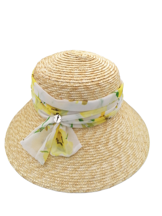 Cappello di paglia Audry modello a pagoda del brand Accapofitto, con fascia color bianco/giallo