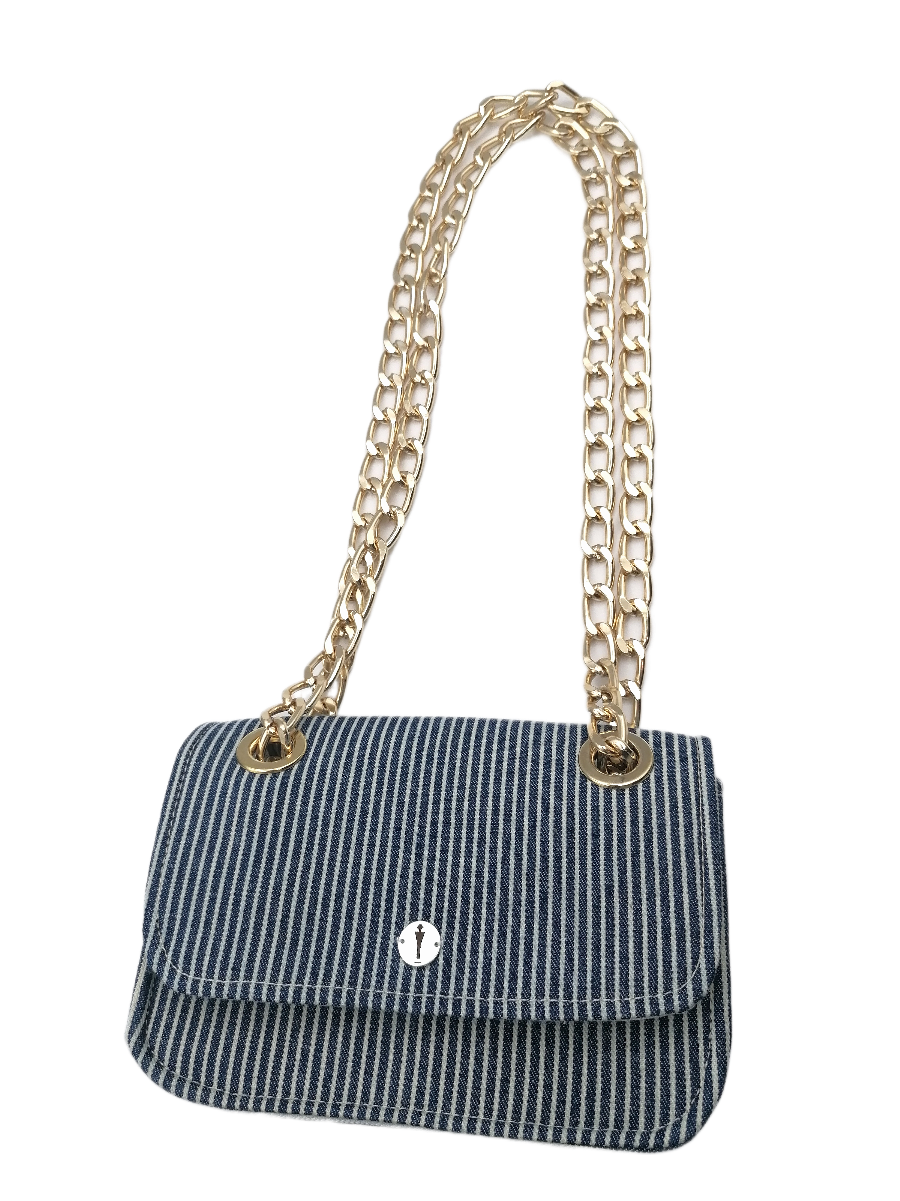 Pochette Denny del brand Accapofitto, in denim rigato bianco e tracolla dorata