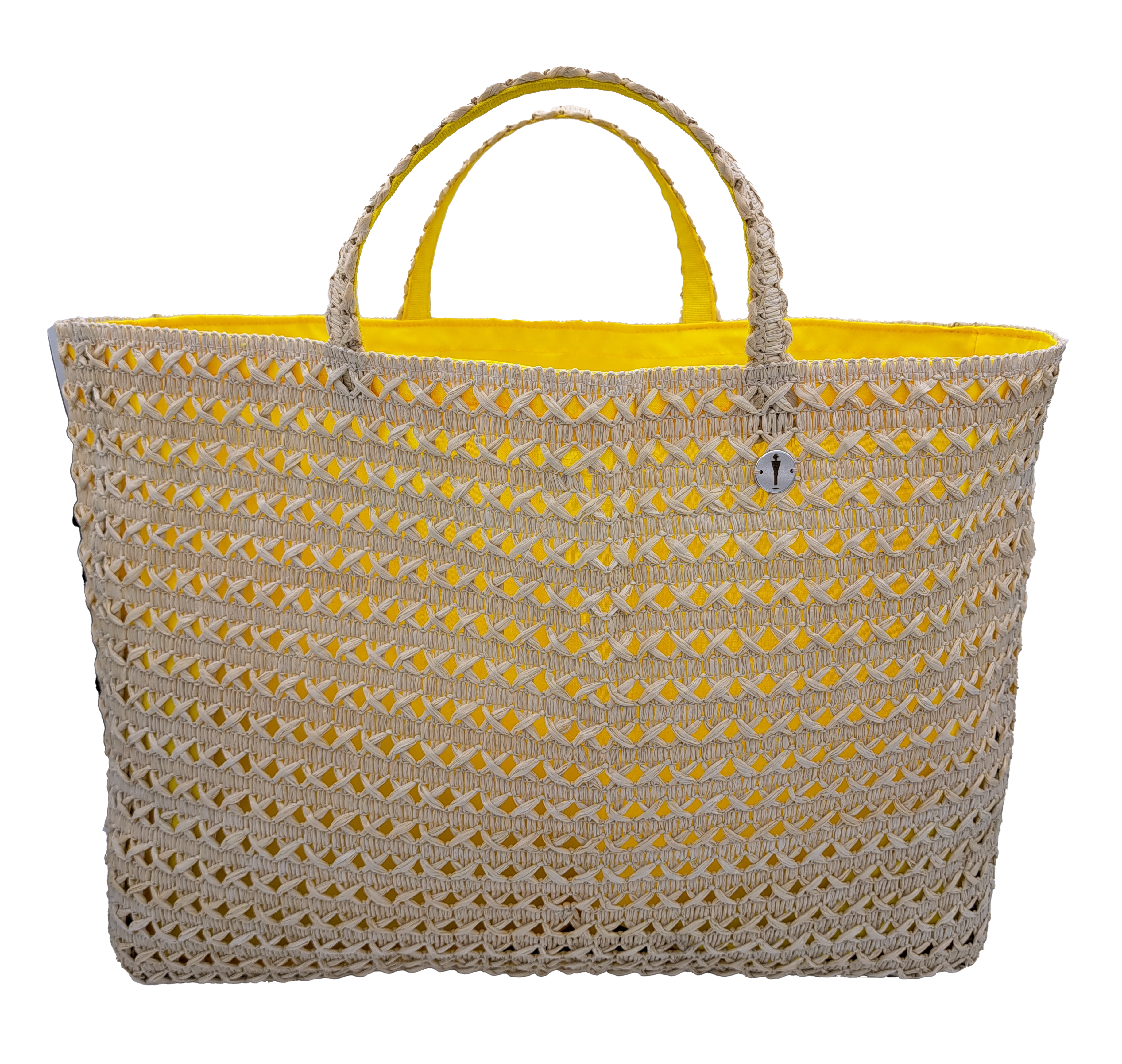 borsa in rafia di viscosa con lavorazione a intreccio del brand Accapofitto, collezione GoldenHay, rivestita internamente con tessuto di cotone giallo. Visione frontale.