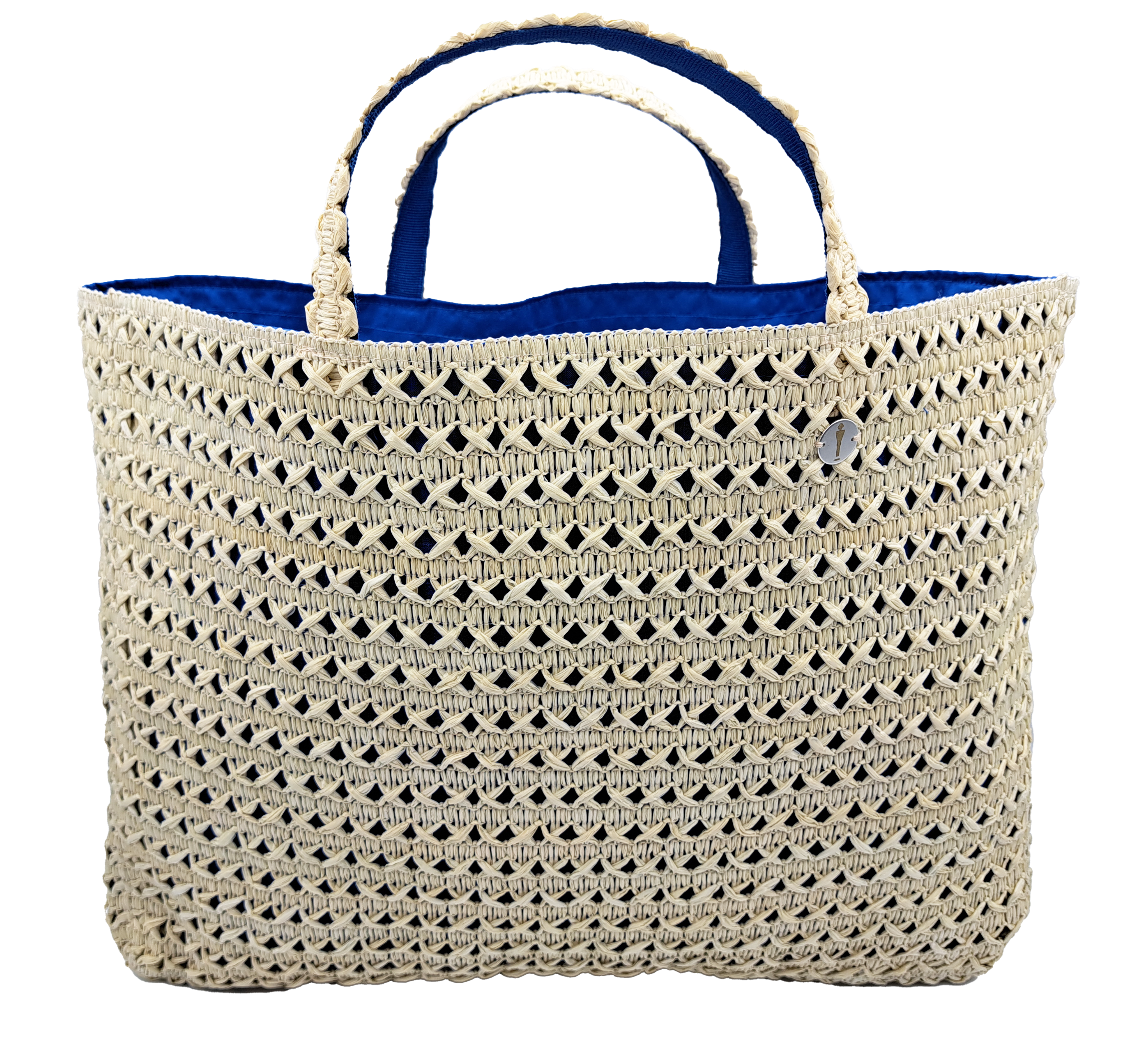 borsa in rafia di viscosa con lavorazione a intreccio del brand Accapofitto, collezione GoldenHay, rivestita internamente con tessuto di cotone blu. Visione frontale.