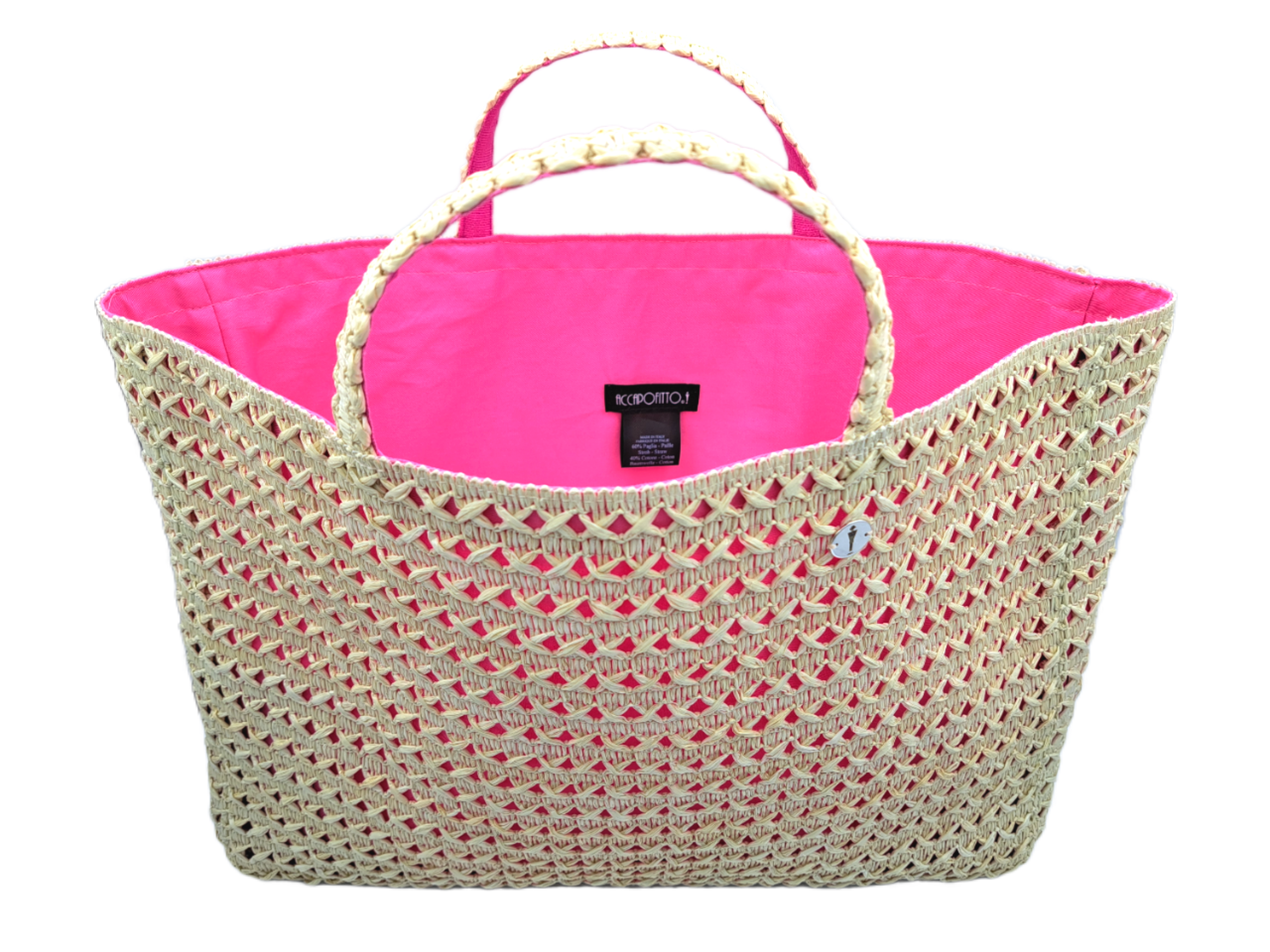 Borsa in rafia di viscosa con lavorazione a intreccio del brand Accapofitto, collezione GoldenHay, rivestita internamente con tessuto di cotone rosa. Visione dell'interno..