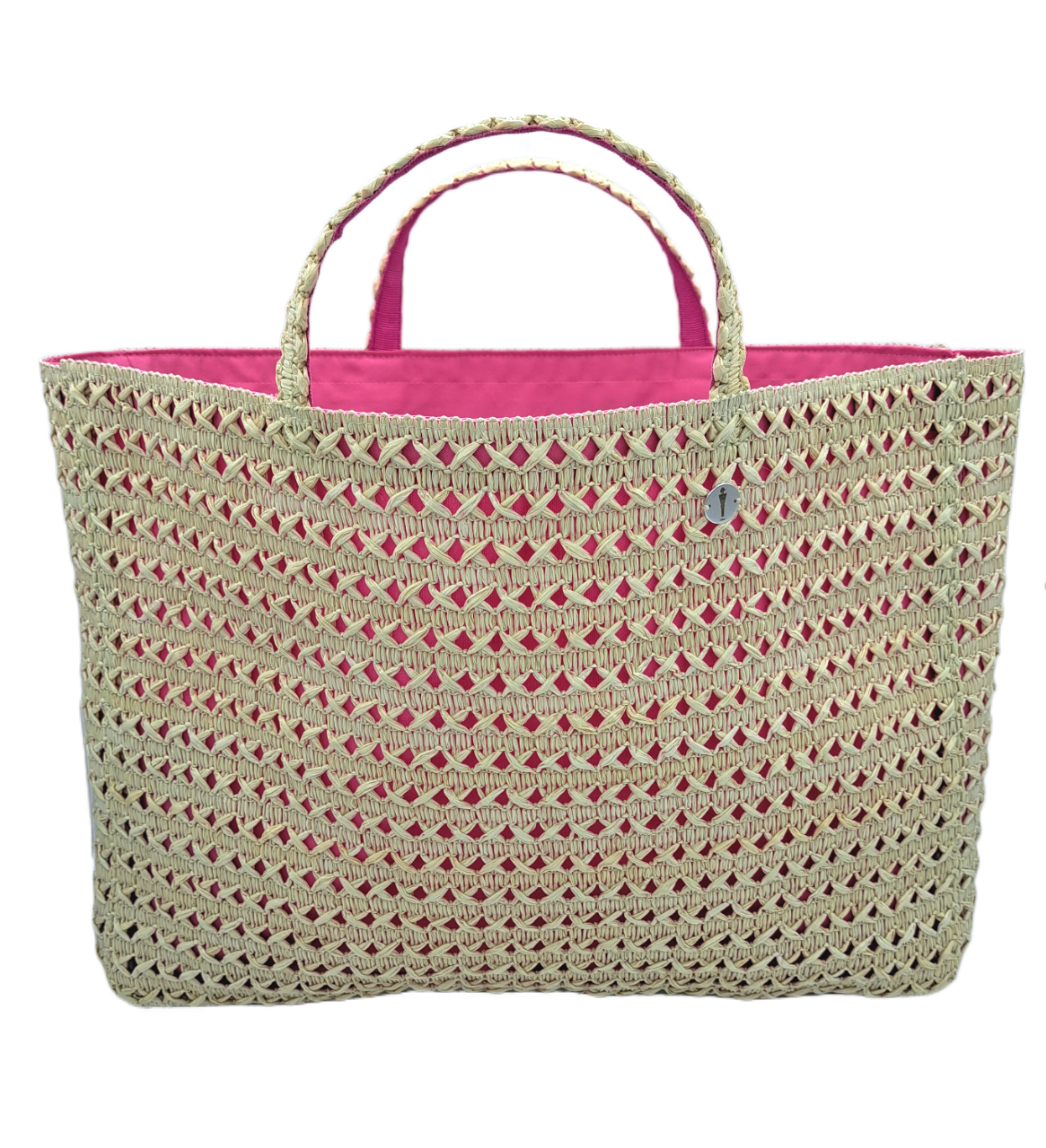 Borsa in rafia di viscosa con lavorazione a intreccio del brand Accapofitto, collezione GoldenHay, rivestita internamente con tessuto di cotone rosa. Visione frontale.