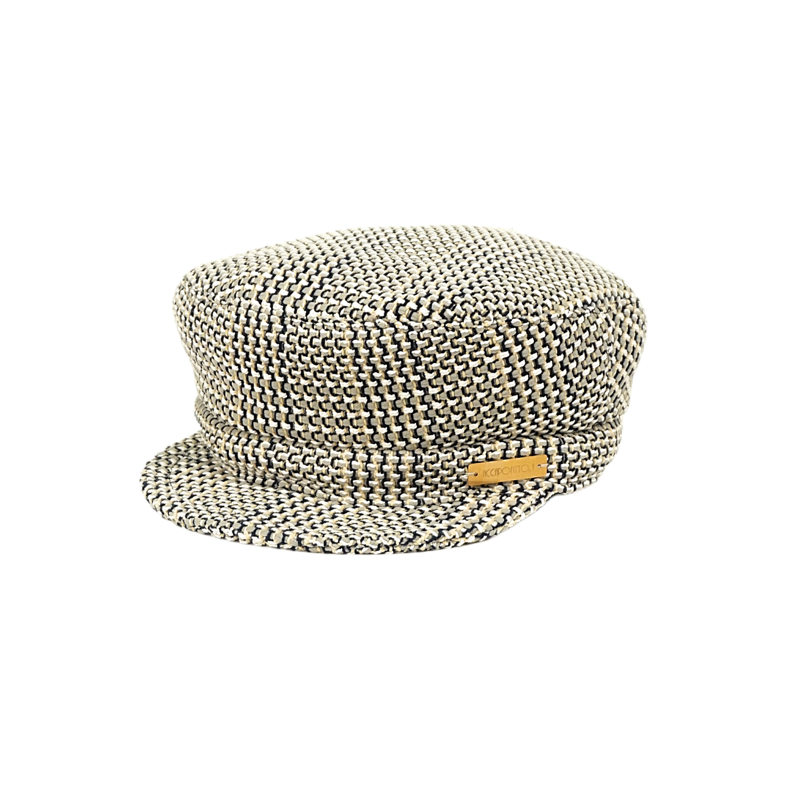 Cappello sailor hat del brand Accapofitto, con tessuto intrecciato sui toni del beige e del blu, targhetta dorata con logo