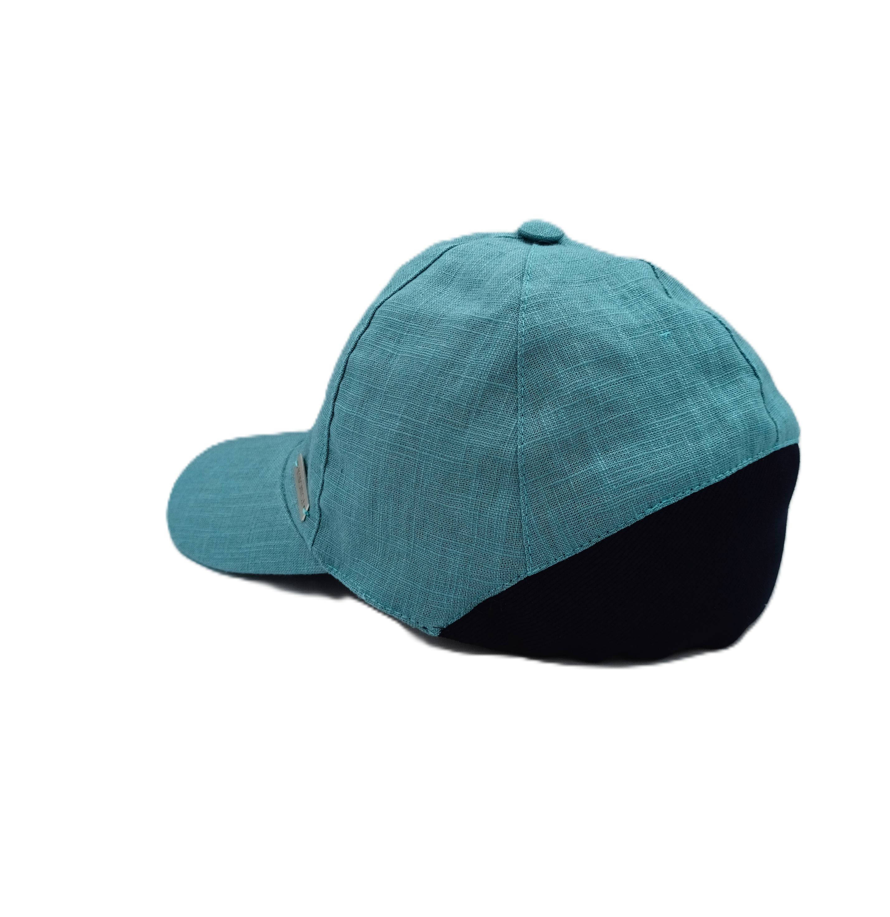 Cappello baseball lino color acqua del brand Accapofitto, con inserto in jersey elasticizzato blu sulla nuca. Visione retro