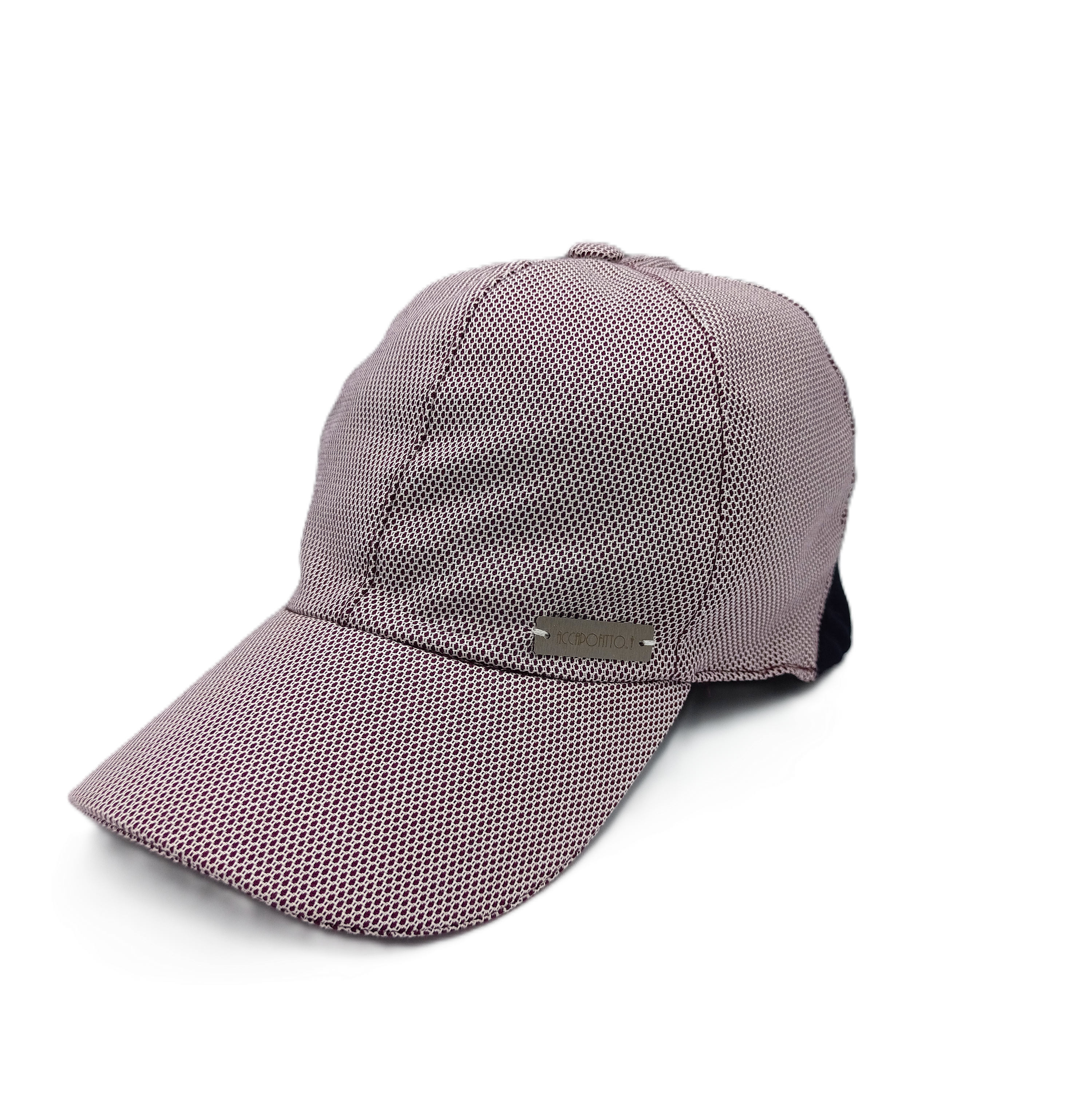 Cappello baseball Andy. Cotone misto seta, tessuto micro jacquard sui toni del rosso e del beige del brand Accapofitto, con inserto in jersey elasticizzato blu sulla nuca. 