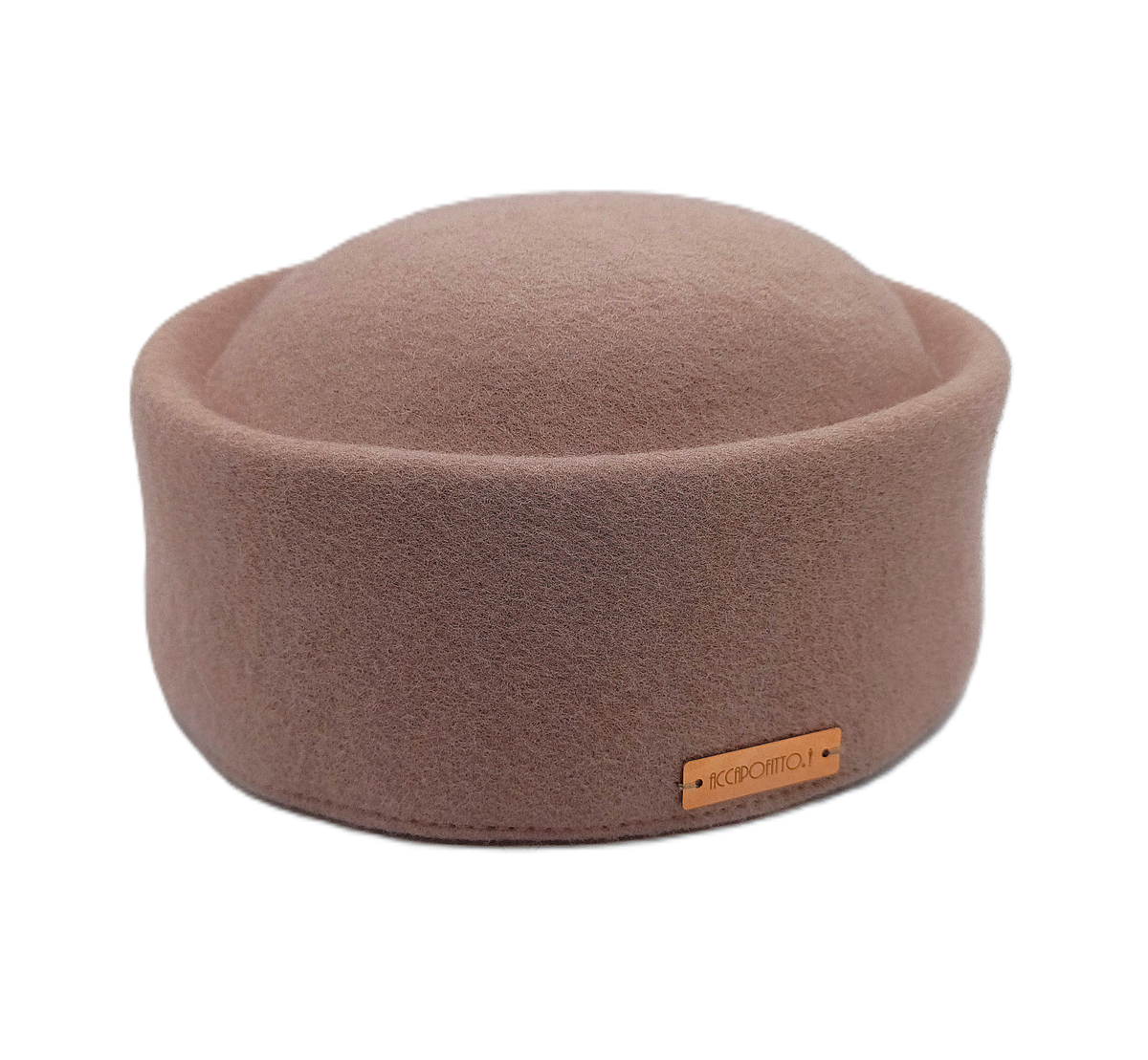 Cappello pillbox Chèrie del brand Accapofitto di feltro di lana beige con targhetta logo color rame
