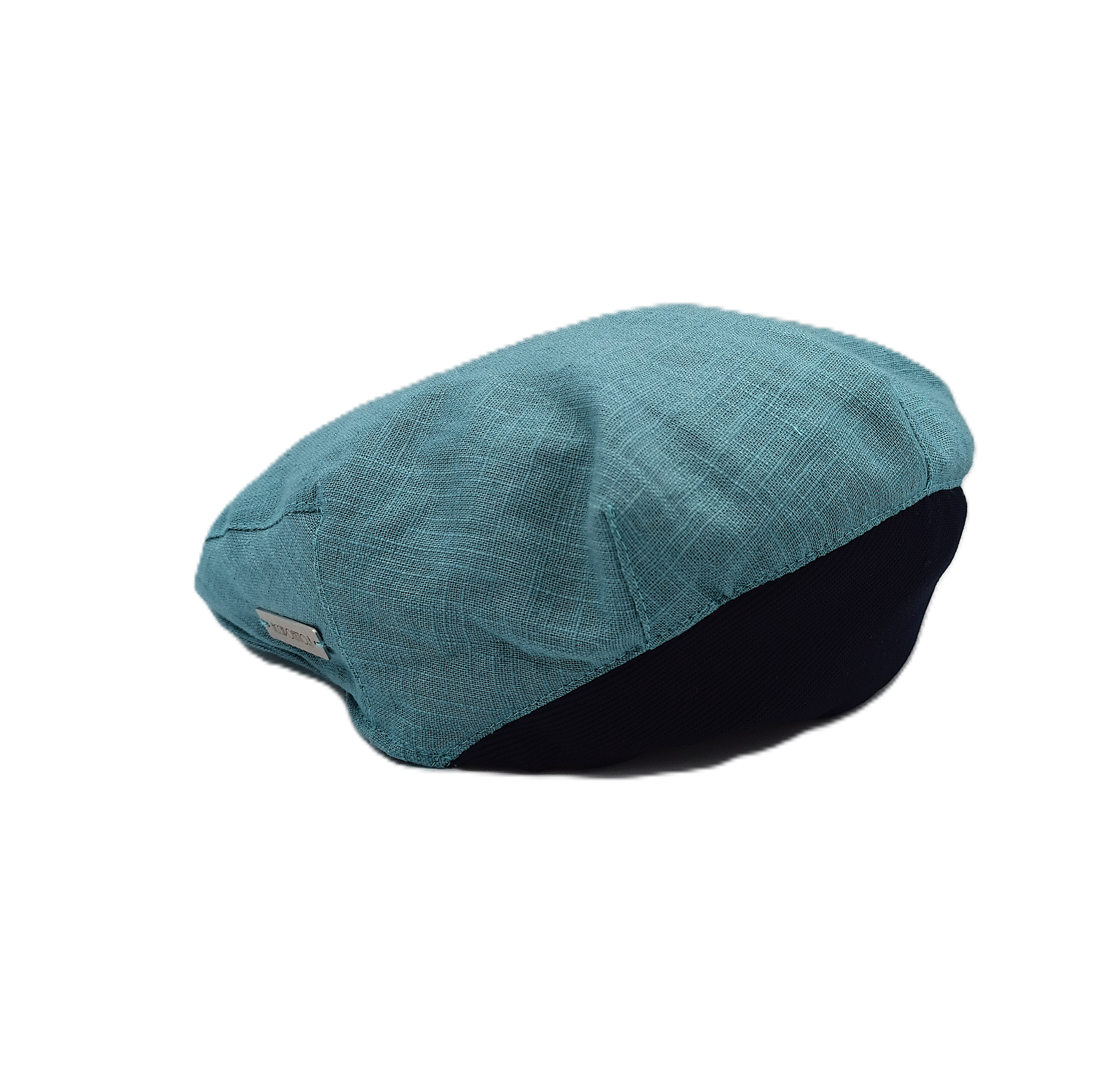 Coppola unisex in puro lino color acqua del brand Accapofitto. Visione della parte posteriore, con inserto in jersey elasticizzato blu sulla nuca.