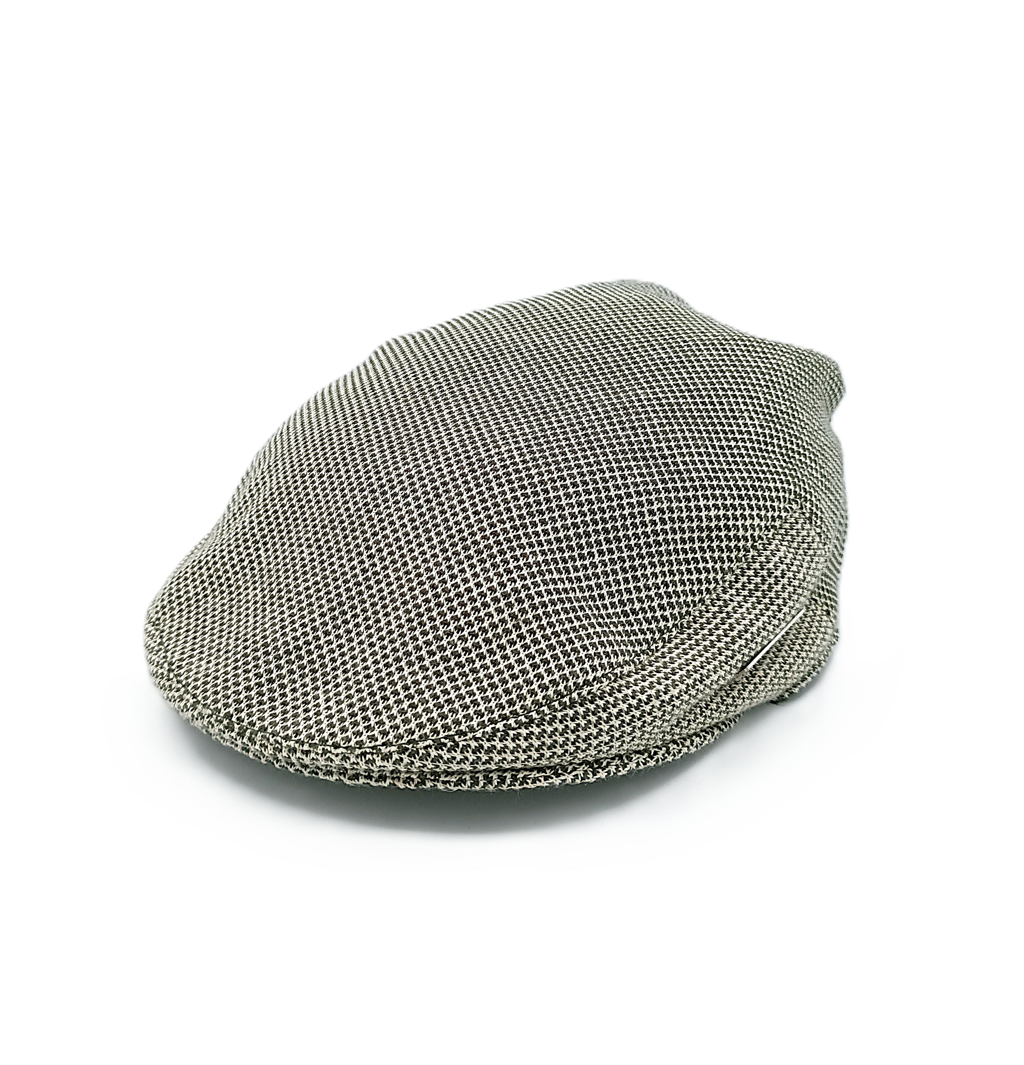 Coppola in tessuto micro jacquard sui toni del verde e beige. Tessuto cotone misto lino