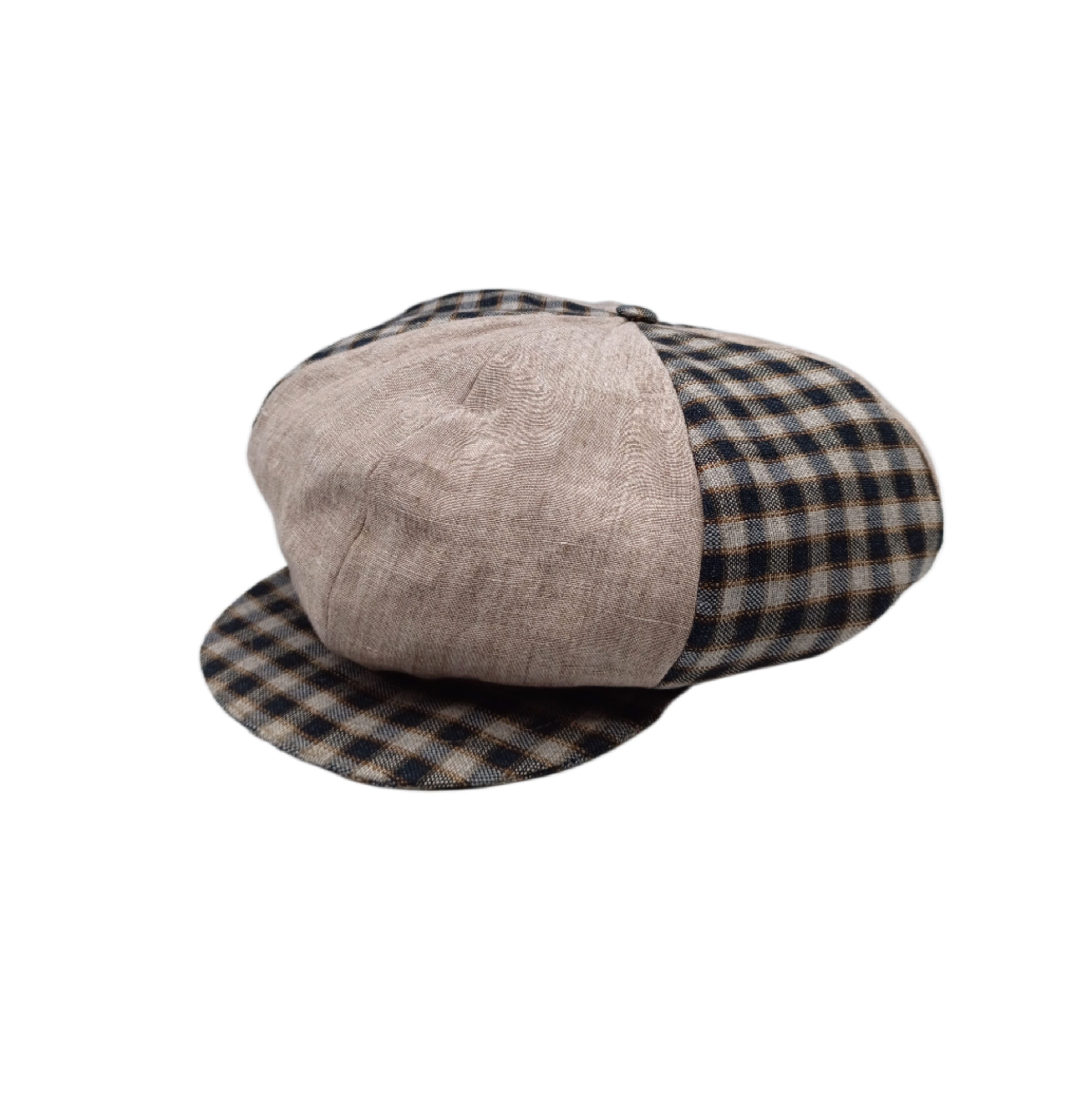 Oliver, coppola a otto spicchi con pannelli alternati lino beige e quadretti blu. Brand Accapofitto