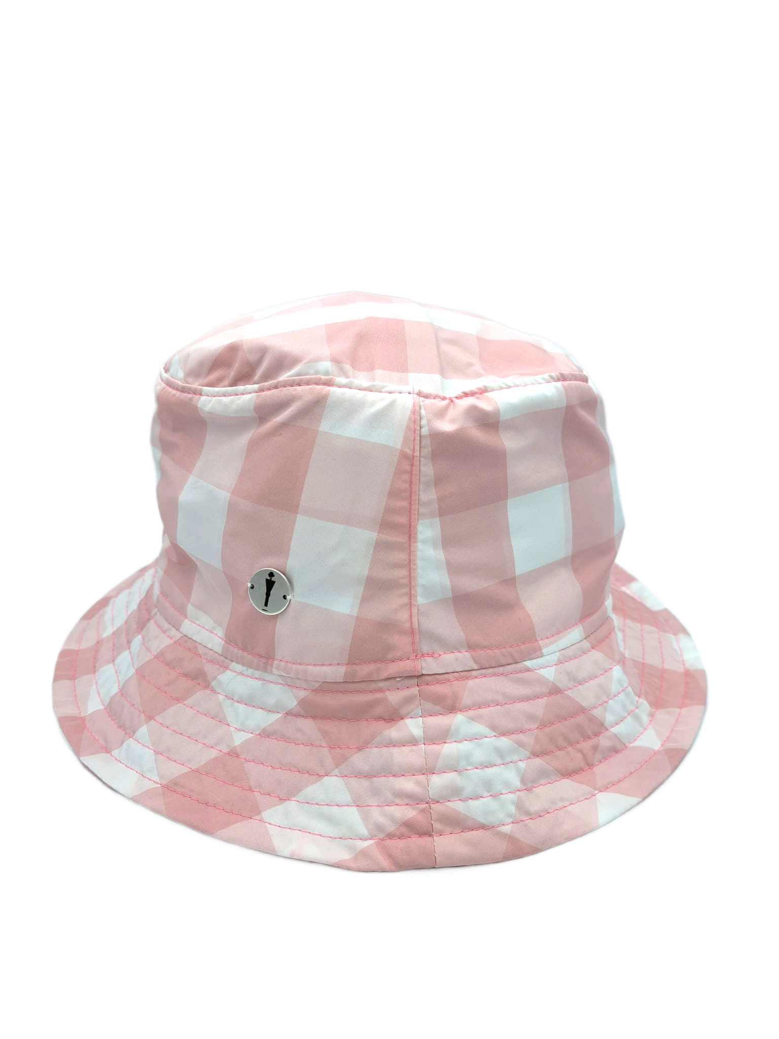 cappello bucket hat ripiegabile del brand Accapofitto. Tessuto a quadri bianchi e rosa