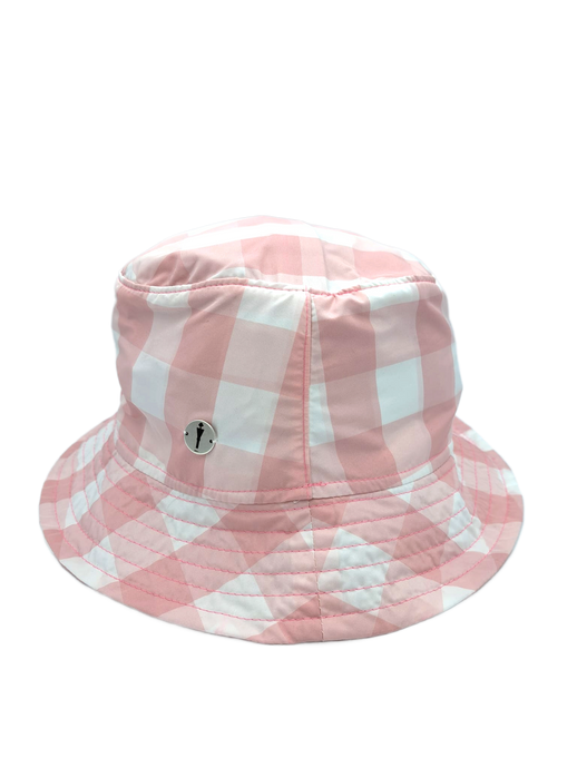 cappello bucket hat ripiegabile del brand Accapofitto. Tessuto a quadri bianchi e rosa