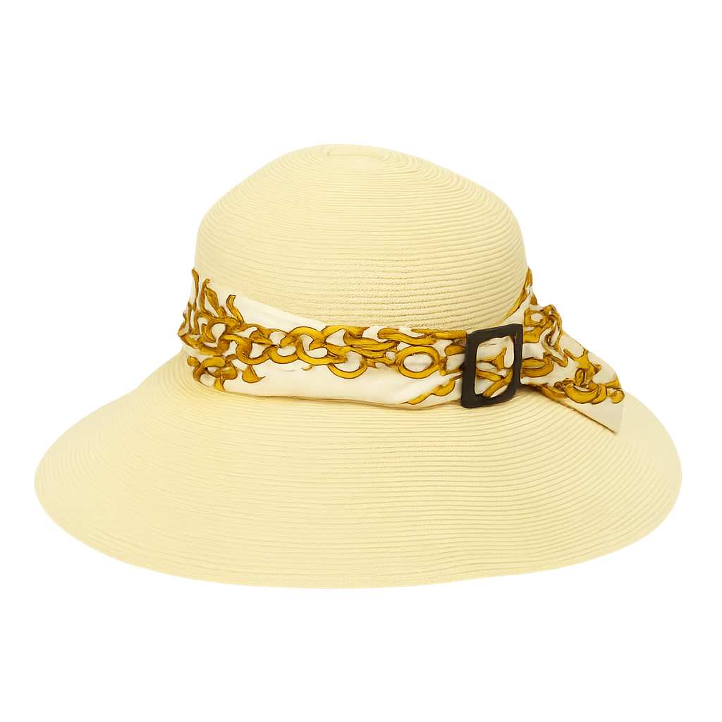 Cappello di carta del brand Accapofitto, color panna, con nastro di viscosa bianco e disegni dorati, con fibbia di similpelle nera.