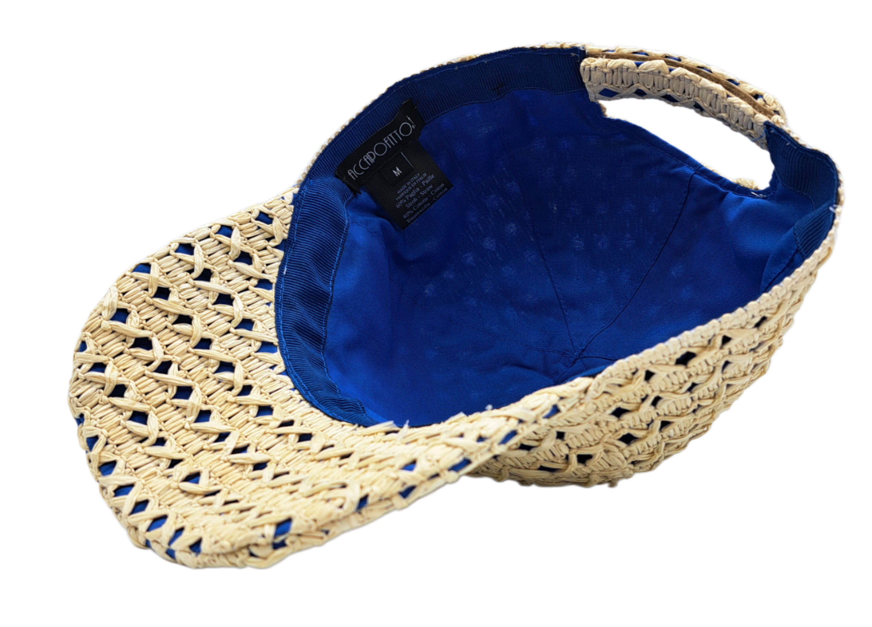 Cappello baseball collezione GoldenHay del brand Accapofitto in rafia di viscosa intrecciata con rivestimento interno di cotone blu, visione dell'interno