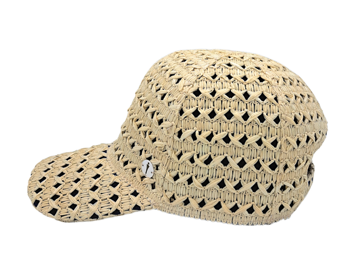 Cappello baseball collezione GoldenHay del brand Accapofitto in rafia di viscosa intrecciata con rivestimento interno di cotone blu, visione laterale